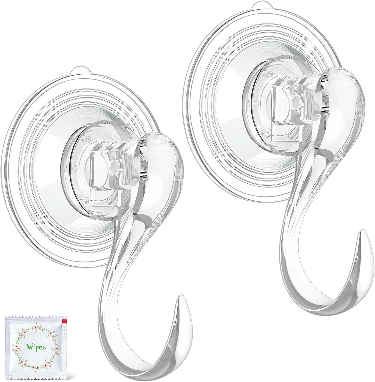 VIS'V Suction Cup Hooks with Wipes, Removable Reusable, Clear, Small, 2 Pcs