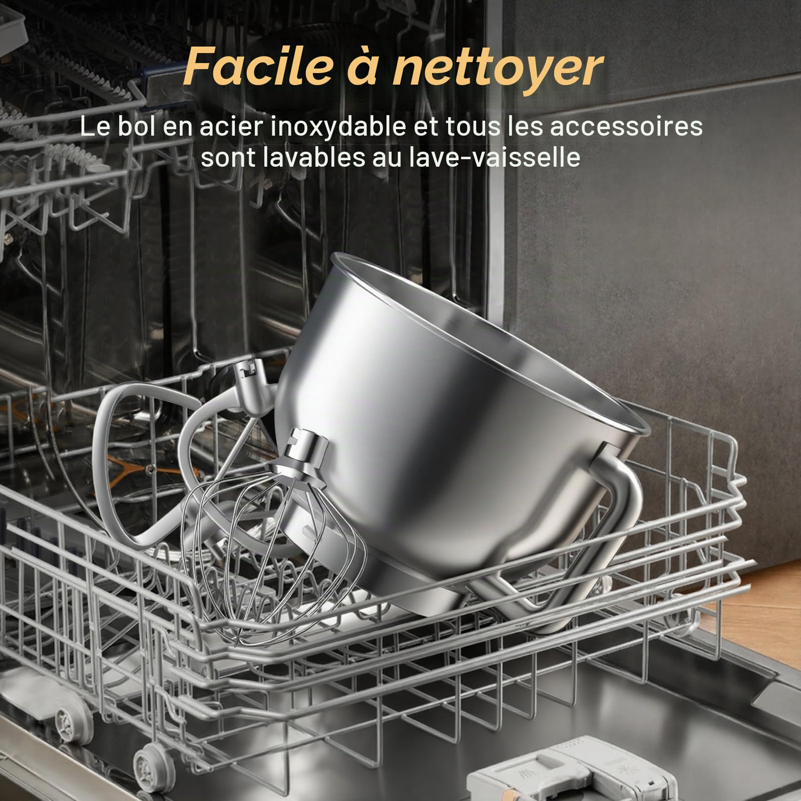 Facelle Robot Pâtissier 1500W, Bol en Inox 5.5L, 10 Vitesses + Pulse, Mouvement Planétaire, Robot Patissier avec Fouet, Crochet et Batteur – Accessoires Lavables au Lave-Vaisselle