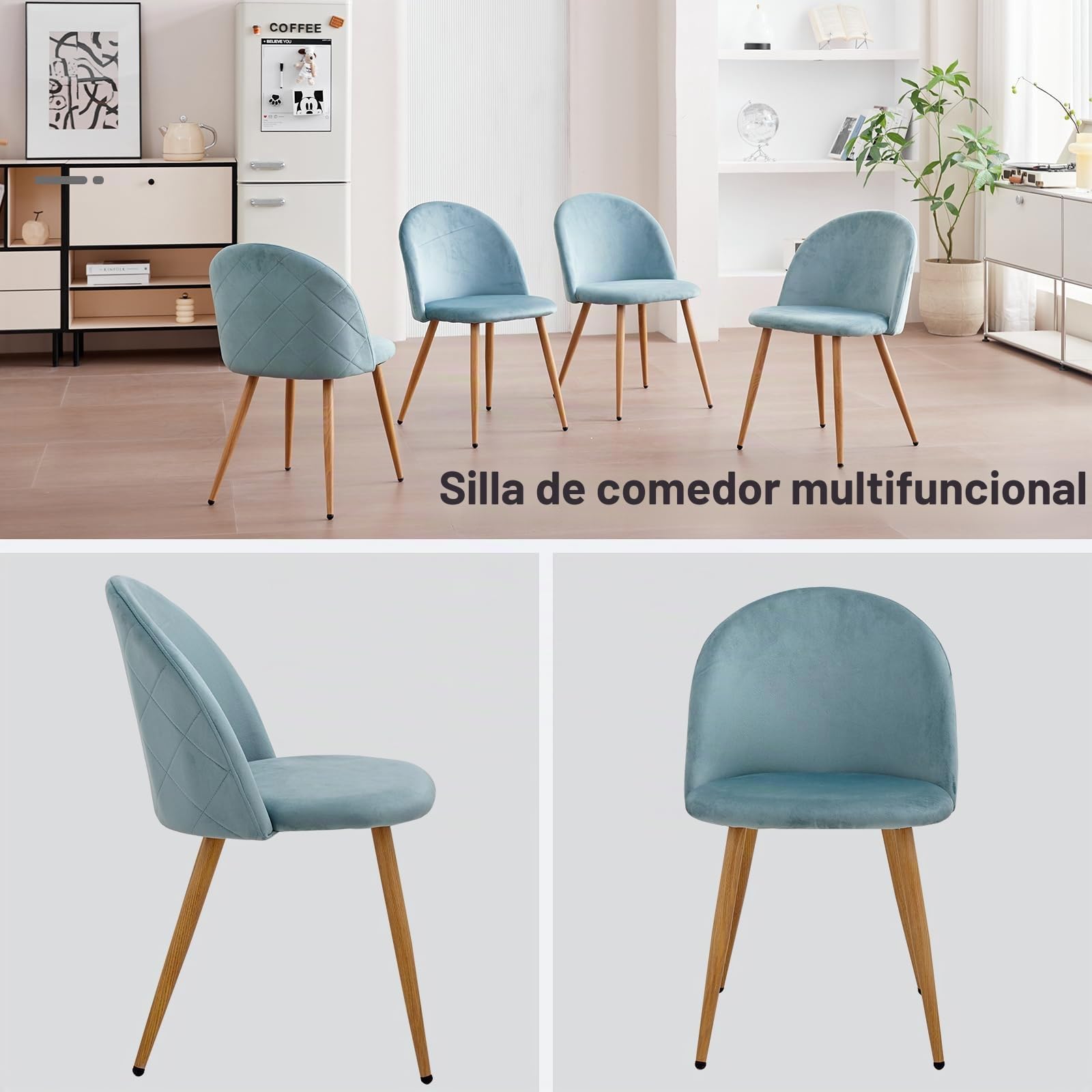 Pack de 6 Silla de Comedor, Sillas de Cocina de Terciopelo Suave con Soporte de Patas de Metal, Silla de Comedor Moderna con Almohadilla Protectora Ajustable - Verde