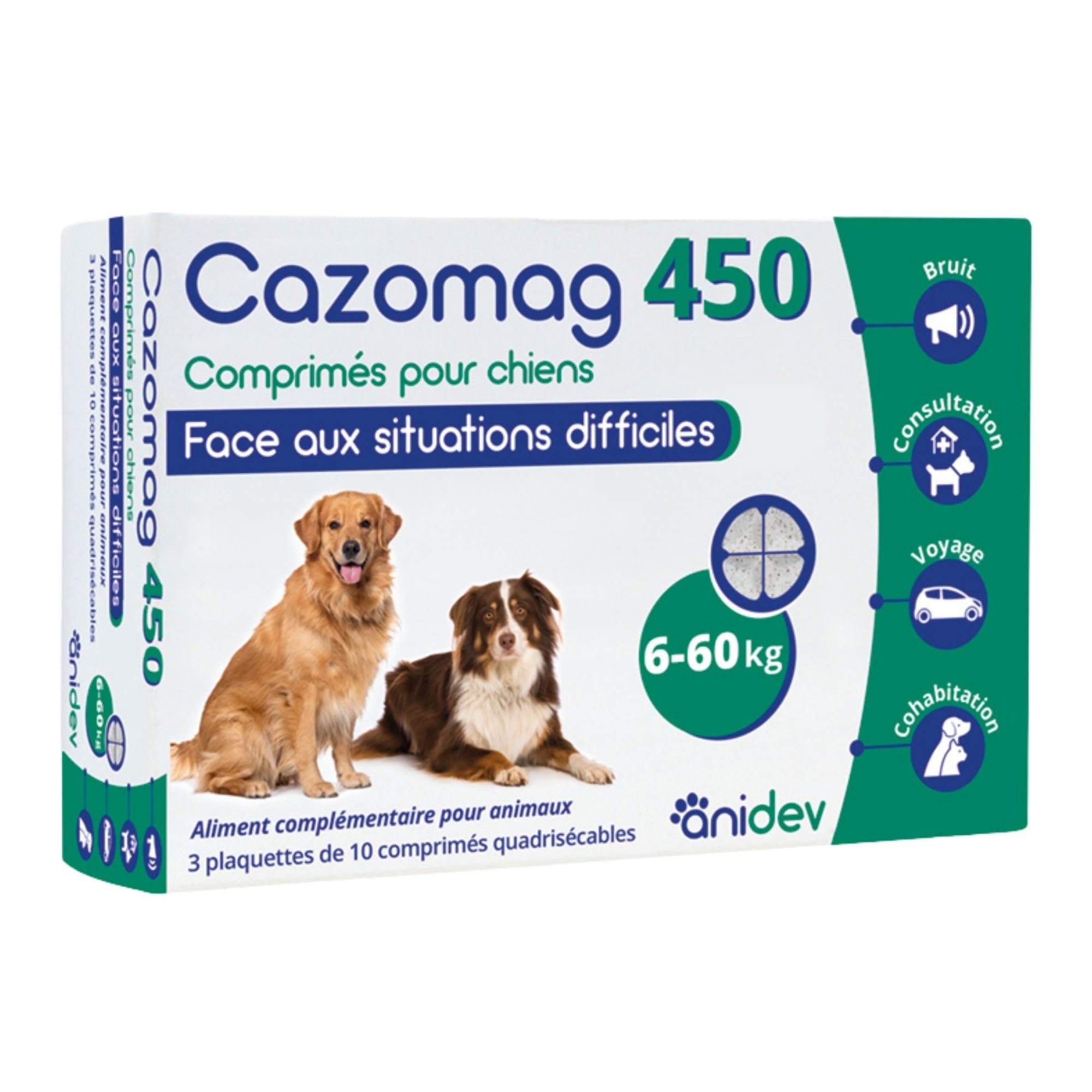 Anidev Cazomag 450 - Suplemento calmante para perros (30 comprimidos apetitos) | Ingredientes Naturales para Fomentar la Calma - Apoyo en Períodos Duros: Viajes, Soledad, Cohabitación, Mudanza