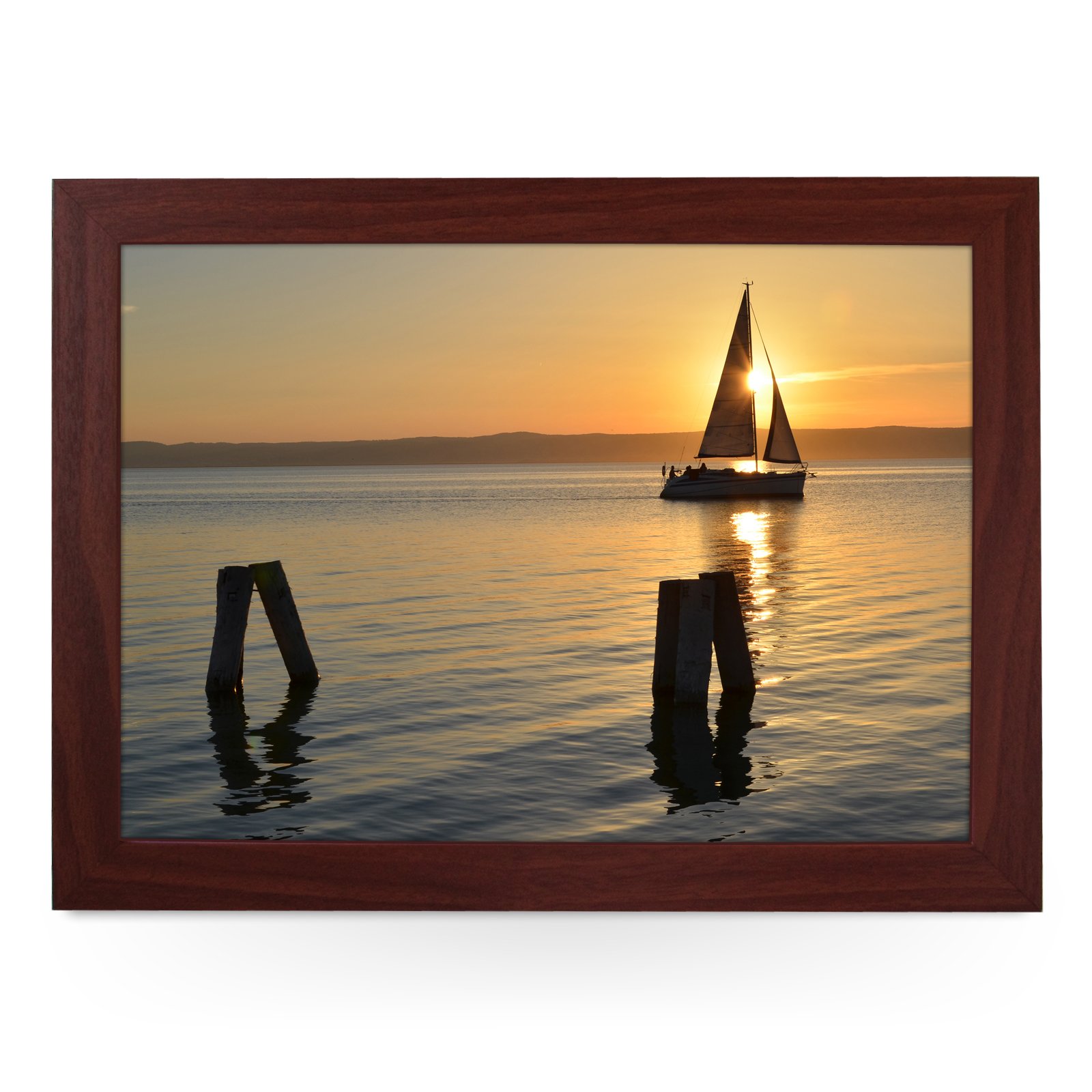 Portable Lap Desk Tray (Sailing Boat at Sunset) Handmade Wooden Frame, Beanbag Cushioned Bottom | Computers, Laptops, Meals, Food | L0193 Brown