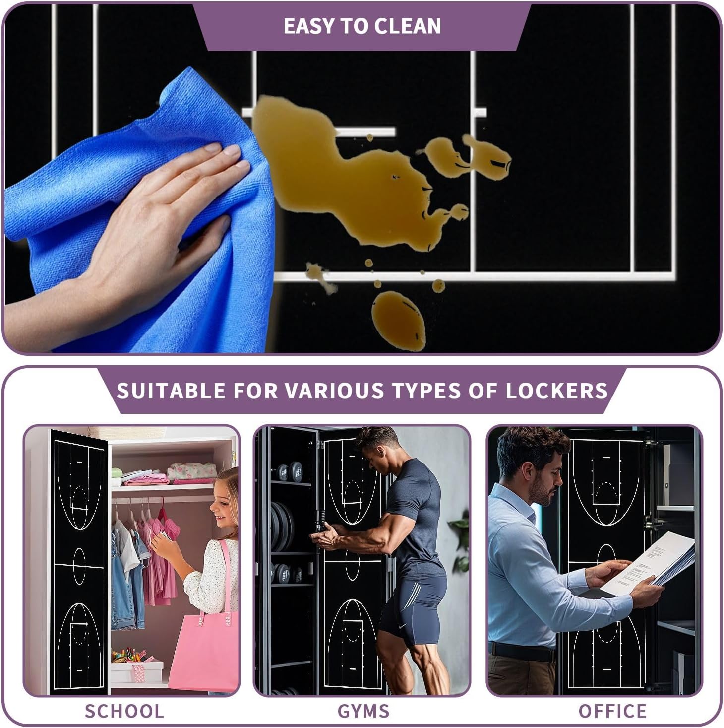 2 Pcs Locker Magnetic Wallpaper Basketball Court Black 12" x 36" Wall Magnetic Sticker Removable Locker Accessories Decor Easy Install for Office School
