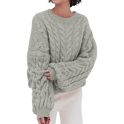 PRETTYGARDEN Womens Sweaters Spring 2026 Cable Knit Long Sleeve Crewneck Oversized Sweater Chunky Pullover Loose Outfits