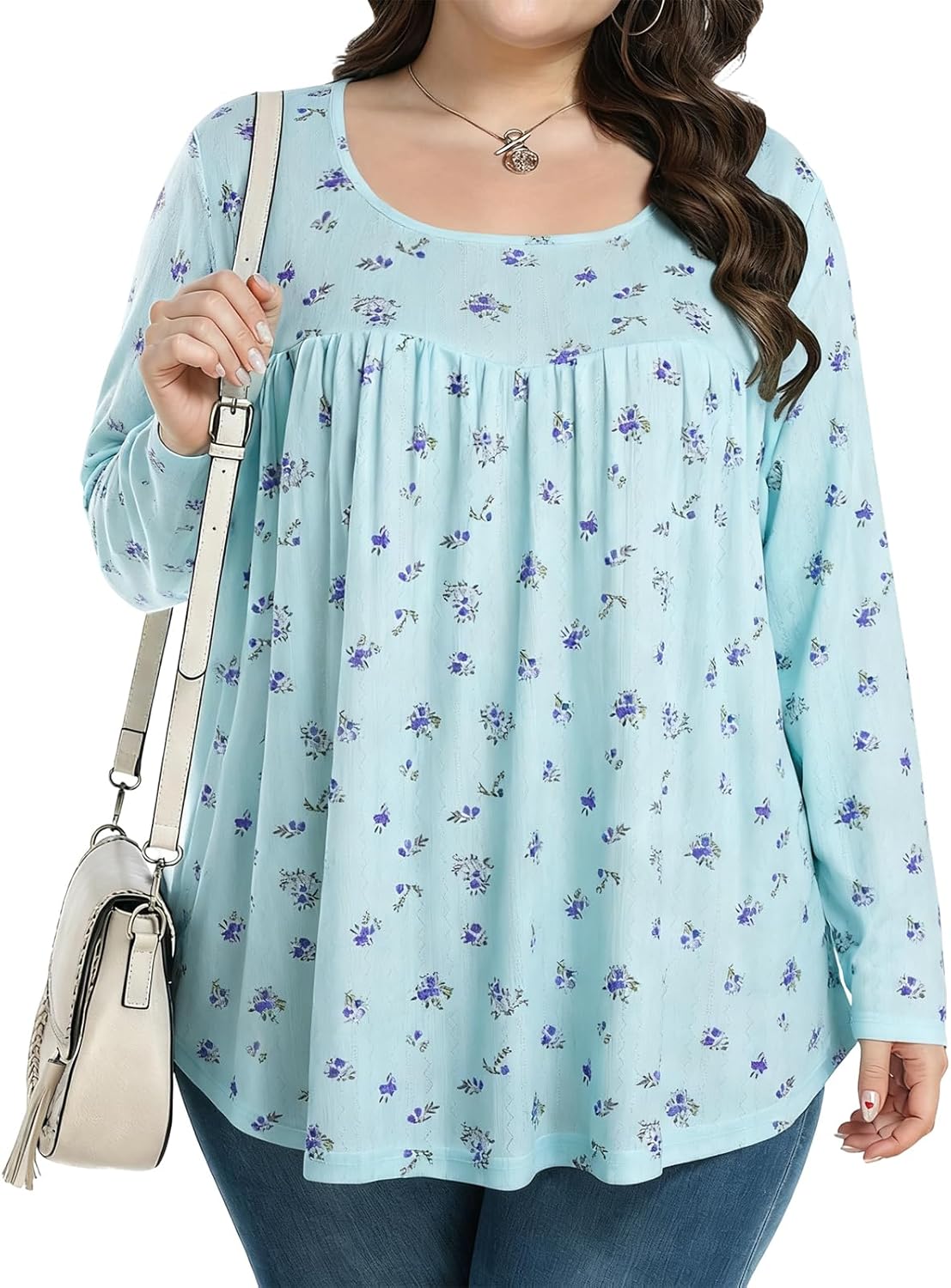 JULYCLO Plus Size Womens Tops Casual Tunic Pleated Blouses Long Sleeve Crew Neck Loose Fit Fall Fashion Shirts 1X-5X