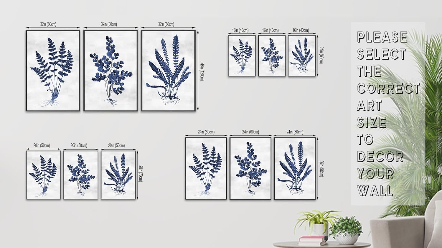 Large Framed Botanical Wall Art - Navy Blue Leaf Wall Decor 16"x24" Set of 3 Minimalist Wall Art Prints Vintage Plant Painting Rustic Fern Canvas Pictures for Living Room Bedroom Office Artwork