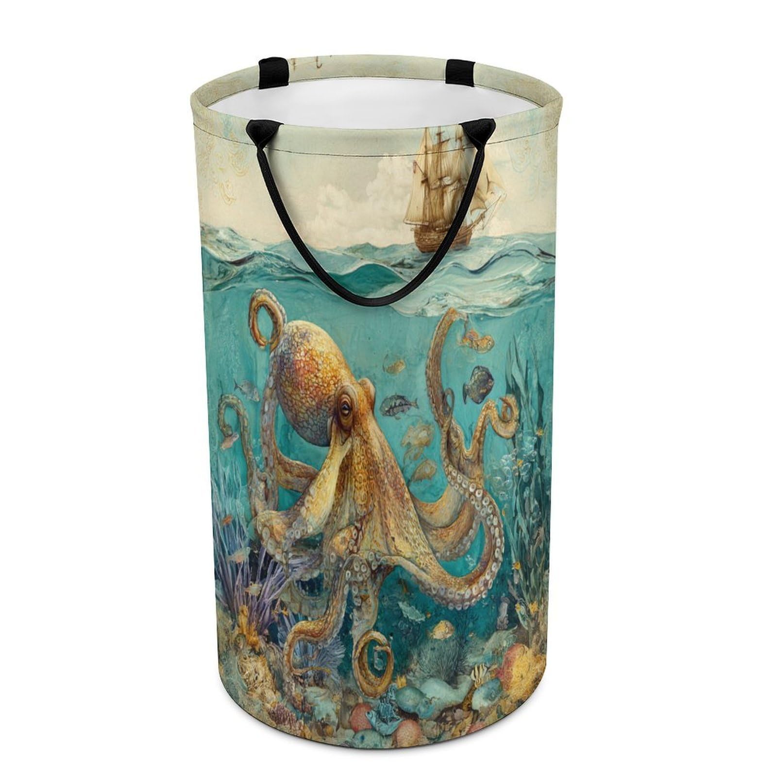 LUYYSKY Abstract Antique Sea Octopus Collapsible Dirty Clothes Basket, Classic Oil Painting Underwater Animal Octopus Fish Pirate Ship Portable Clothes Storage Laundry Basket-40 CM Dia, 69 CM High