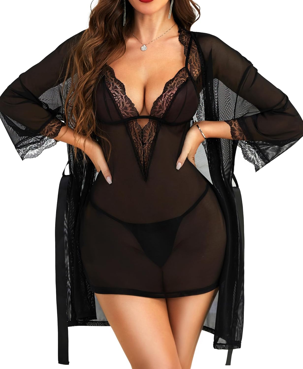 Women's Lingerie Sets with Robe - 3 Piece Lace Mesh Chemise Babydoll Nightgown with Thong