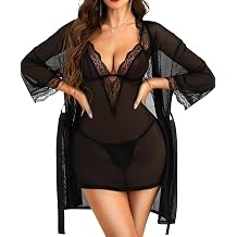 Womens Lingerie Sets with Robe - 3 Piece Lace Mesh Chemise Babydoll Nightgown with Thong