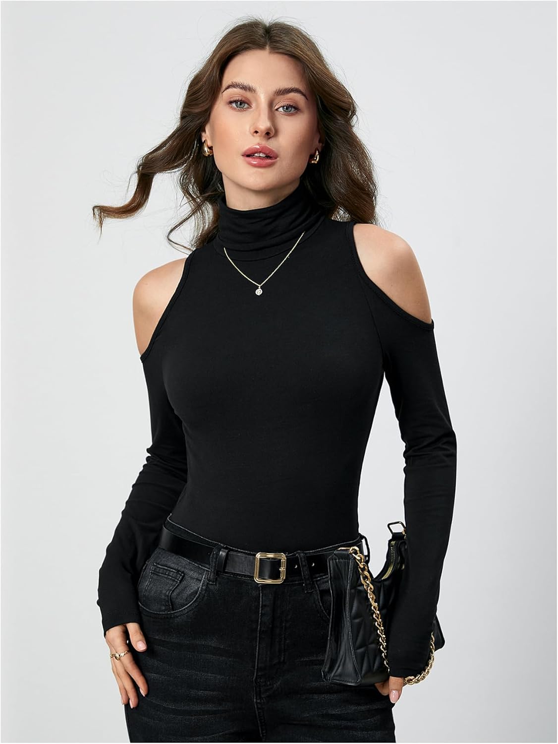 Women's Turtleneck Cut Out Cold Shoulder Tops Tee Long Sleeve Slim Fit Casual Basic T Shirt - Image 3