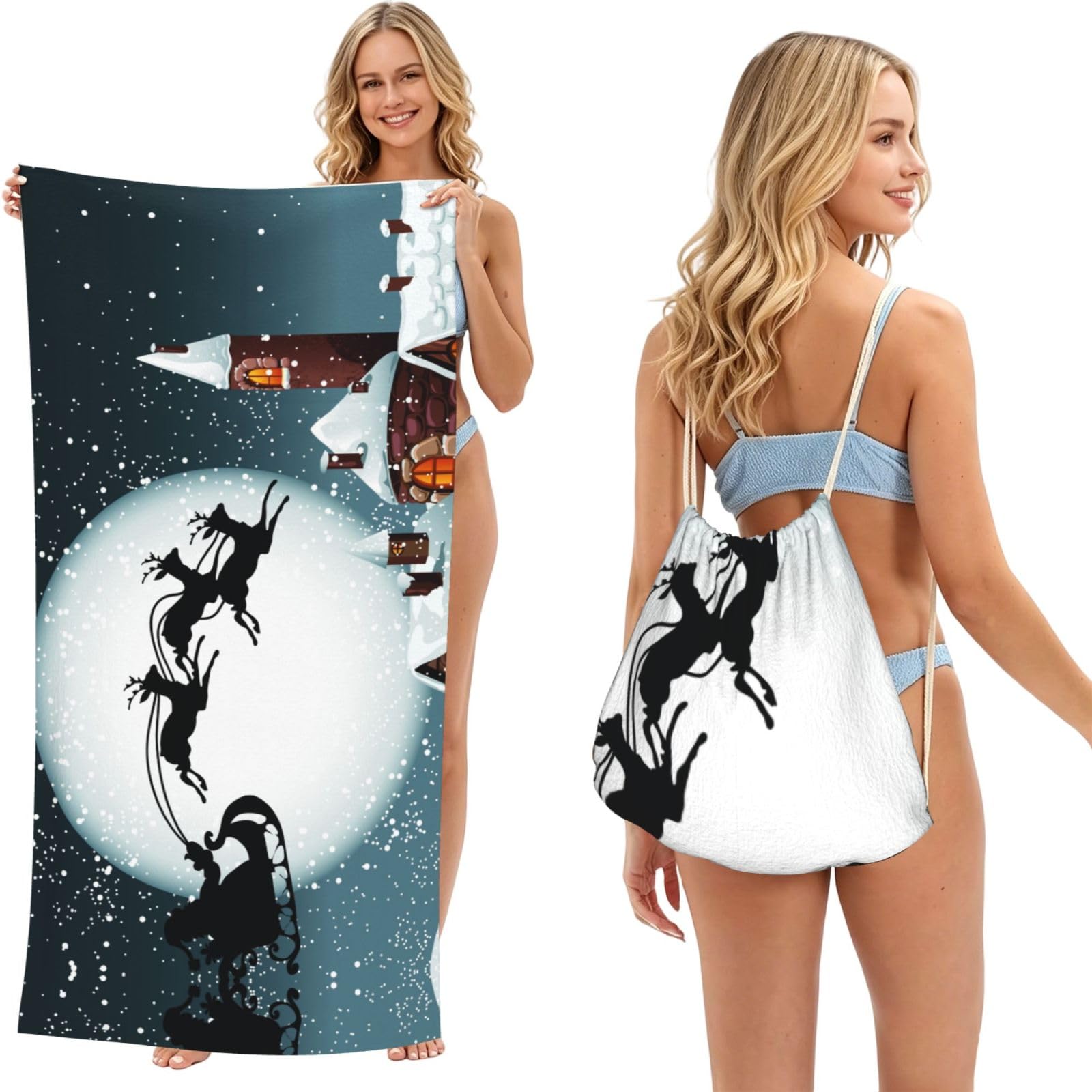 ESNAIUVCD Christmas Deer Santa Claus Print Beach Towel For Adults,Towel With Drawstring Bag, Travel Pool Swimming Sports Shower Sand Free Quick Dry Bath Towel For Pool, Beach, Yoga- 180x60cm