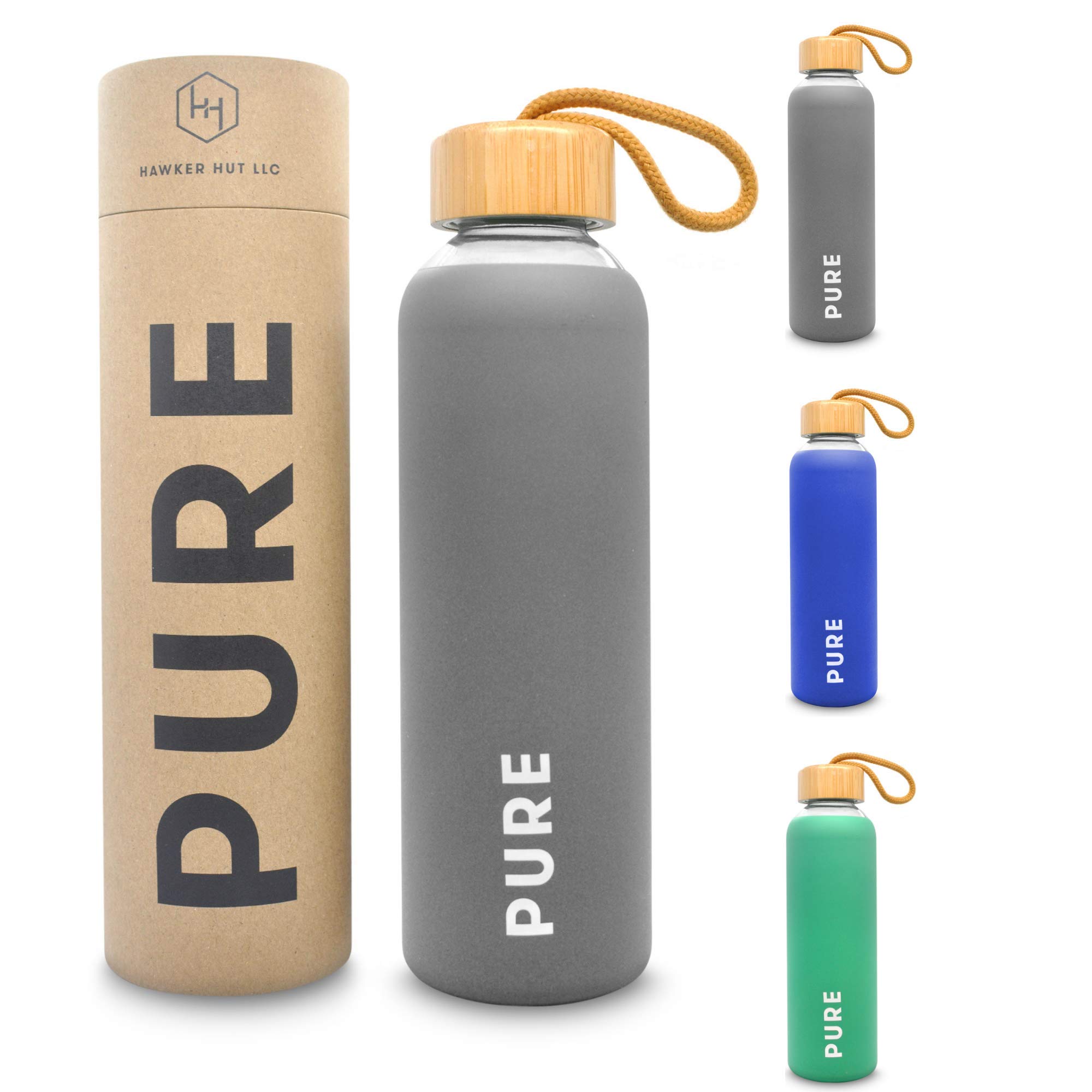 PUREGlass Water Bottle17Oz with Reusable Protective Silicone Sleeve and Bamboo lid for Fitness, Gym, Travel,Outdoor Sports - Leakproof, Light, Dishwasher Safe - BPA Free