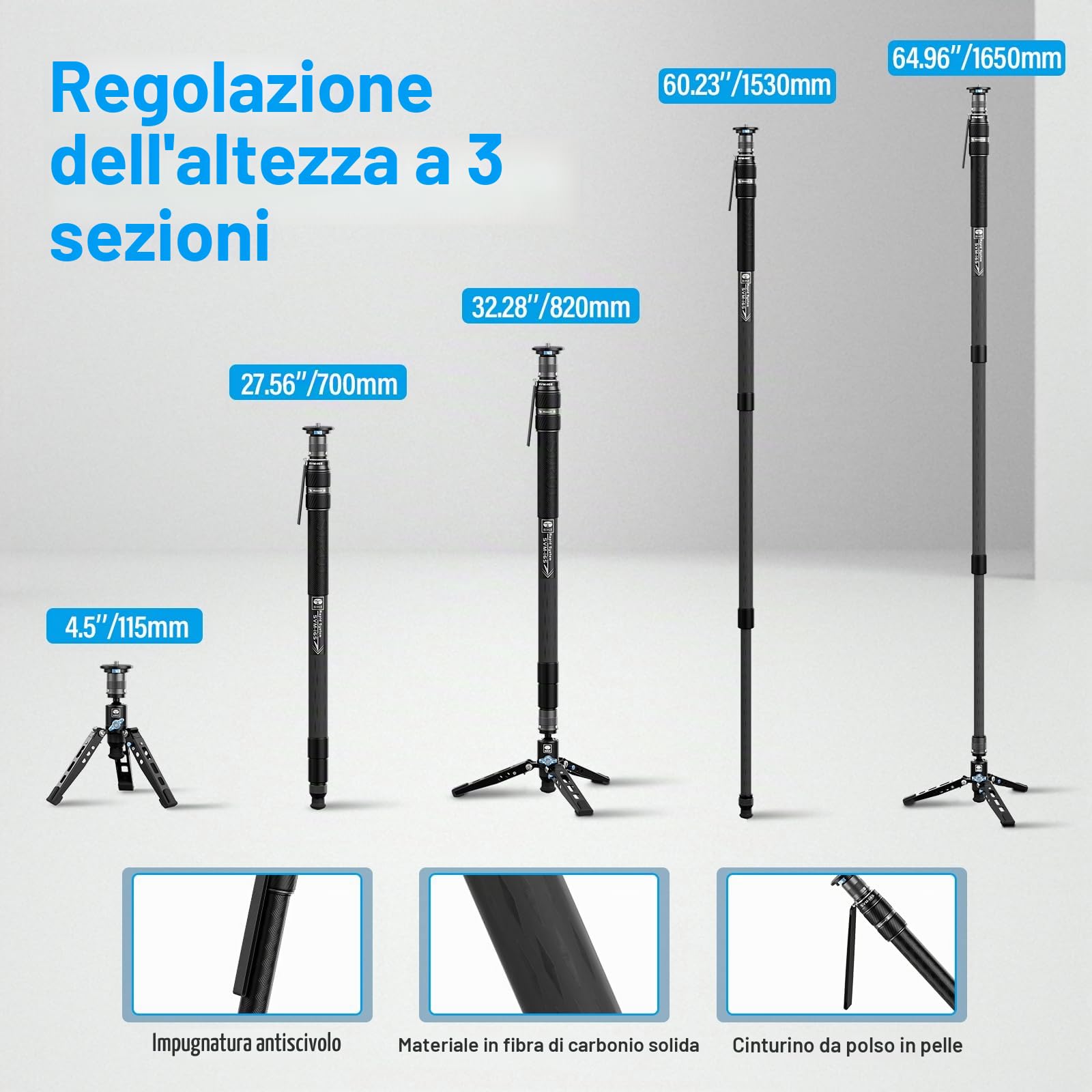 SIRUI SVM-165 - Monopiede per fotocamera con piedi per fotografia, 165 cm, in fibra di carbonio, monopiede con treppiede rimovibile, monopiede professionale per fotocamera DSLR, videocamera, carico