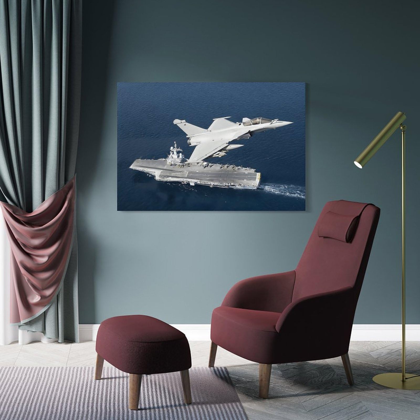 Junmoney Frame-Style-4 Decorative Wall Artwork Fighter Jet Hovering Above Aircraft Carrier, 20X30inch(50X75cm), For Sofa Walls, Lounge Or Home Corners, Modern Wall Decor For Cosy Interiors
