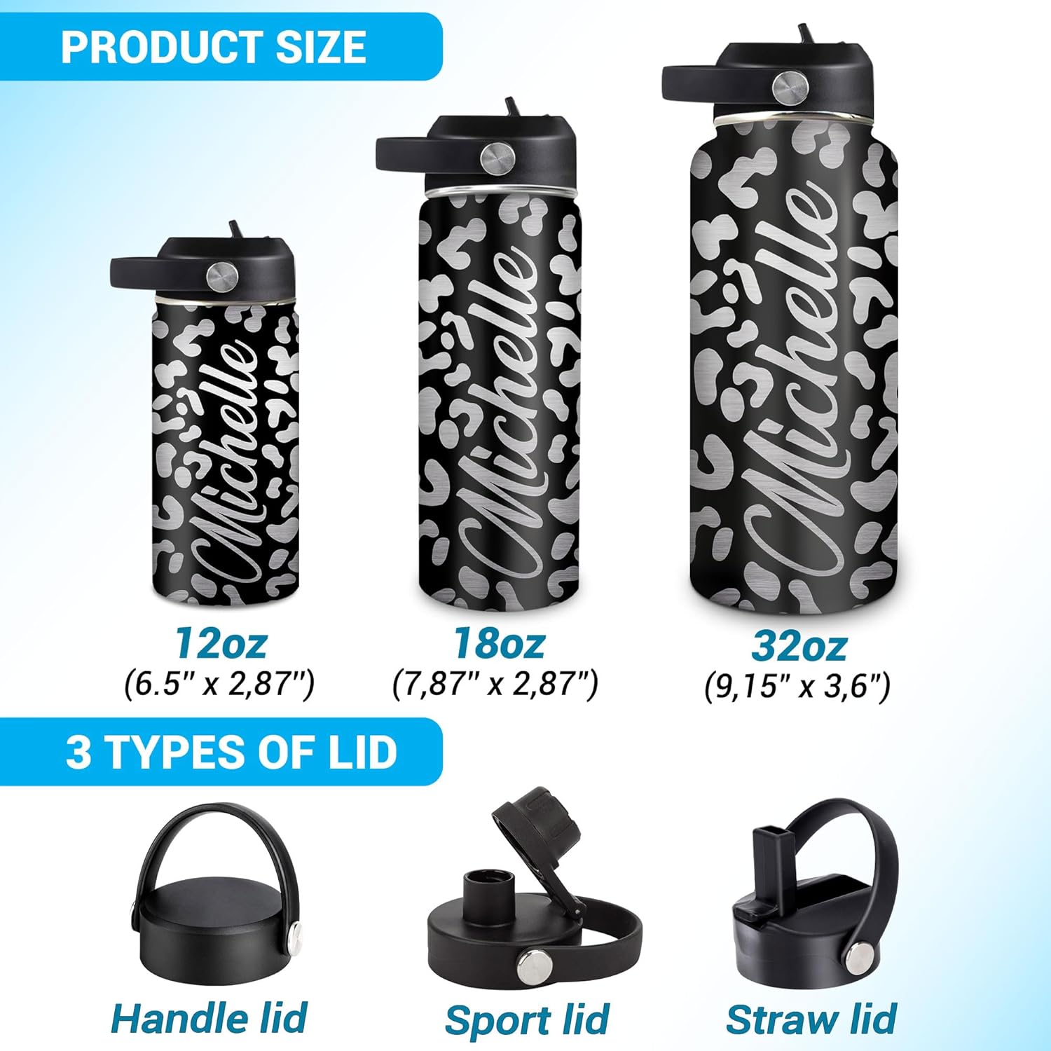Hyturtle Personalized Leopard Water Bottle - Insulated Stainless Steel Bottle with Leak-Proof Lid 18oz 32oz - Leopard Print Gift for Women, Girls, Animal Lovers - Birthday & Christmas Gift