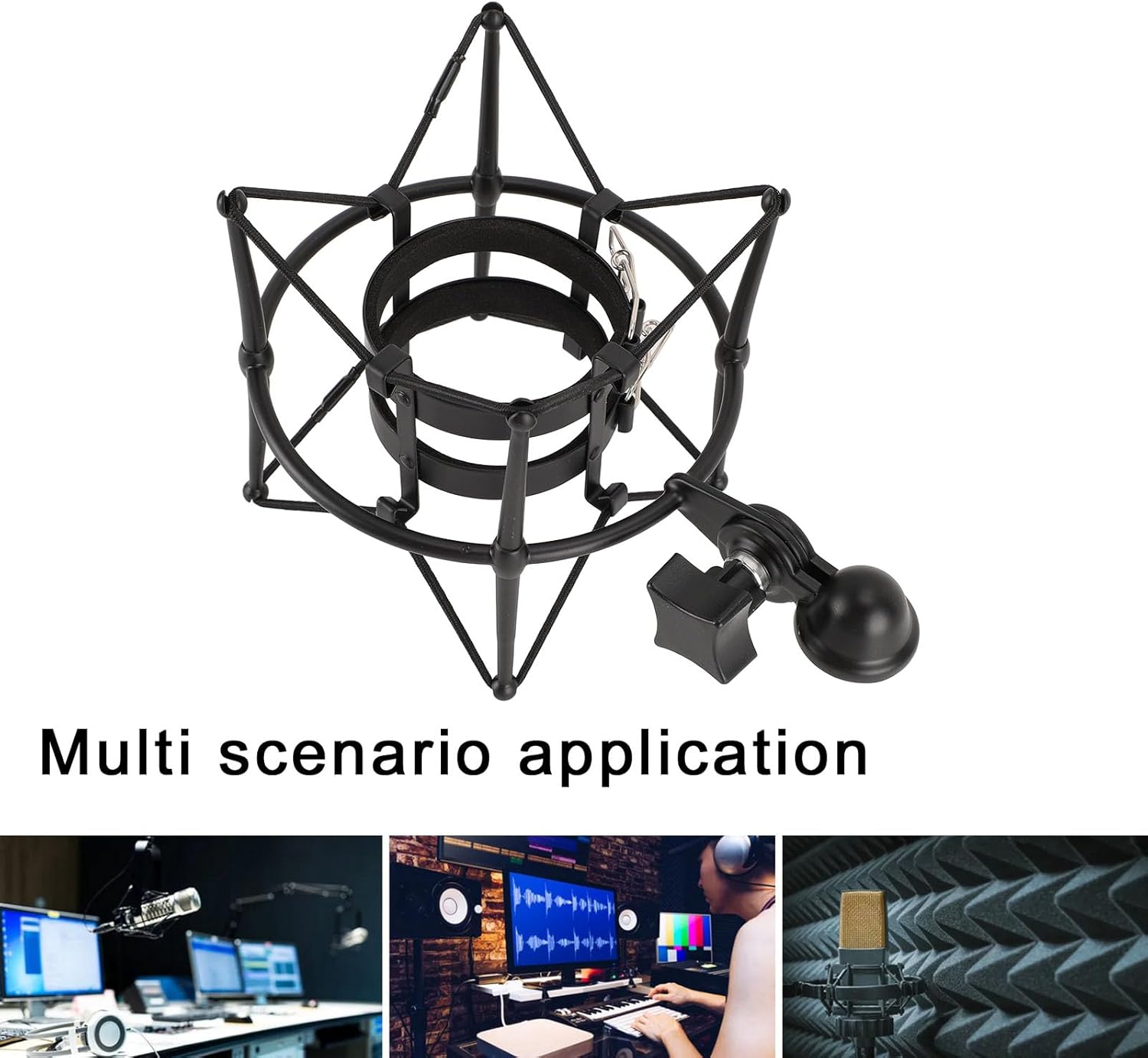 Spider Microphone Shock Mount, Metal Mic Holder for 60mm Diameter Studio Condenser Mic, Anti Vibration Mic Clip Holder with Buckle Design for Broadcasting Recording Studio (Black)