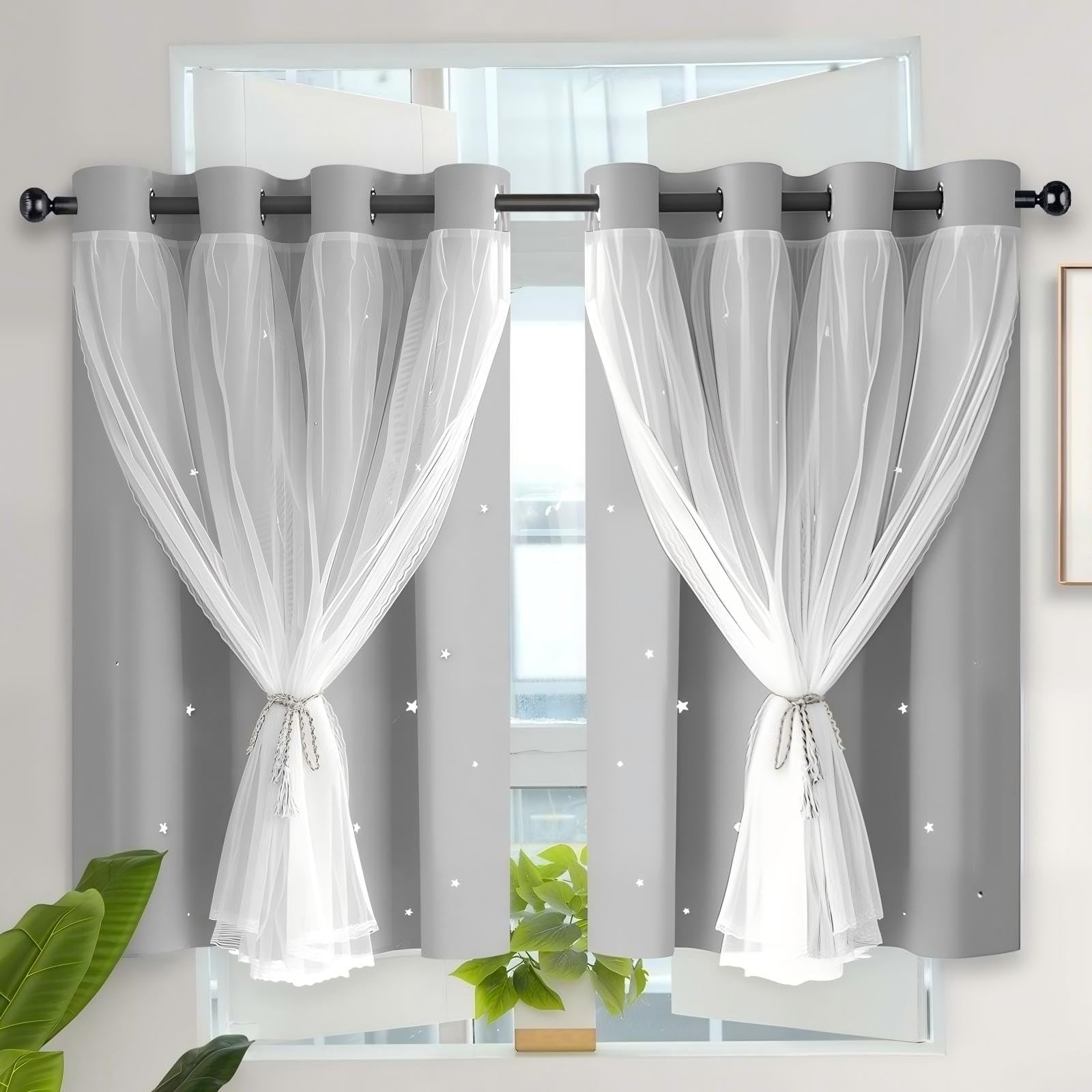 Kinryb Blackout Curtains for Girl Bedroom/Living Room/Classroom, Sheer Overlay Small 2 Panel Set, Double Layer Curtains with Star Cutout for Kids Room(W 52 x L 45 Inches,Silver Grey 2 Pcs) — image 1