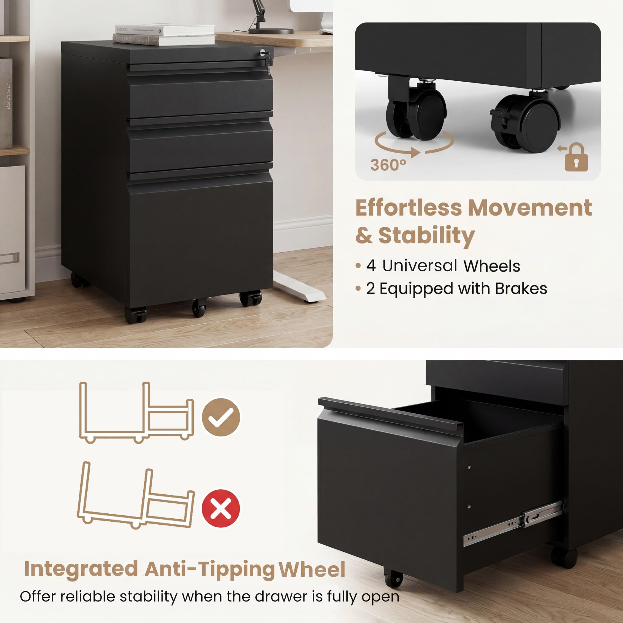 KOMFOTTEU Armario Archivador Móvil con 3 Cajones, Cajonera de Oficina con 5 Ruedas Universales, Cerredura y 2 Llaves, Cómoda Escritorio para Documentos, Soporte Impresora, 44 x 37 x 60 cm (Negro)
