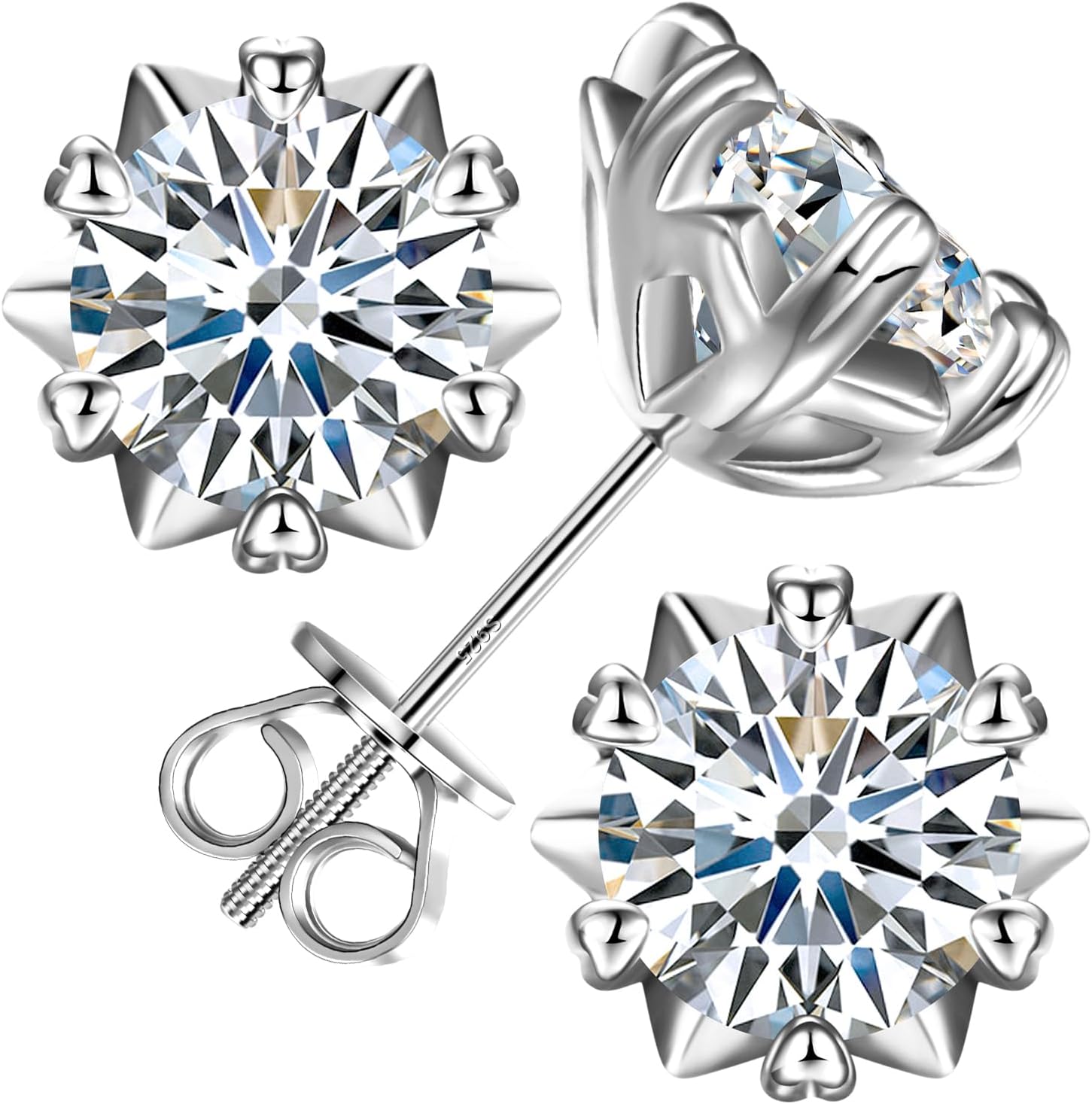 Moissanite Snowflake Stud Earrings Screw Back for Women 0.6-2.0ct 4-8mm 18K White/Gold Plated 925 Sterling Silver D Color VVS1 Clarity Moissanite Heart Earrings