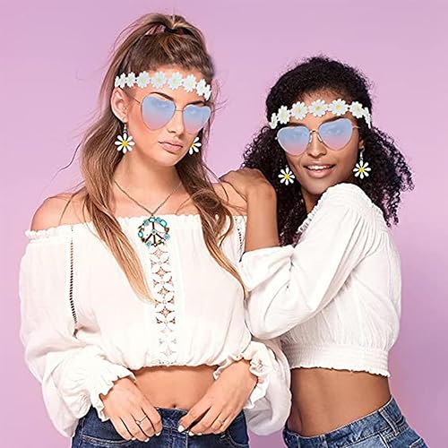 Miniatura 6 de Juego de 4 accesorios de disfraz hippie para mujer, collares con signo de paz, aretes de margarita, diadema de flores de margarita y lentes hippie