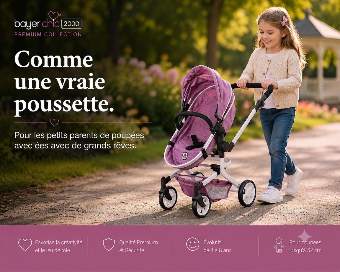 Bayer Chic 2000 Poussette poupée Mika 2 en 1 Pliable et réglable | Poussette poupée 2 en 1 pliable avec poignée réglable (47-80 cm), pour poupées jusqu'à 52 cm.