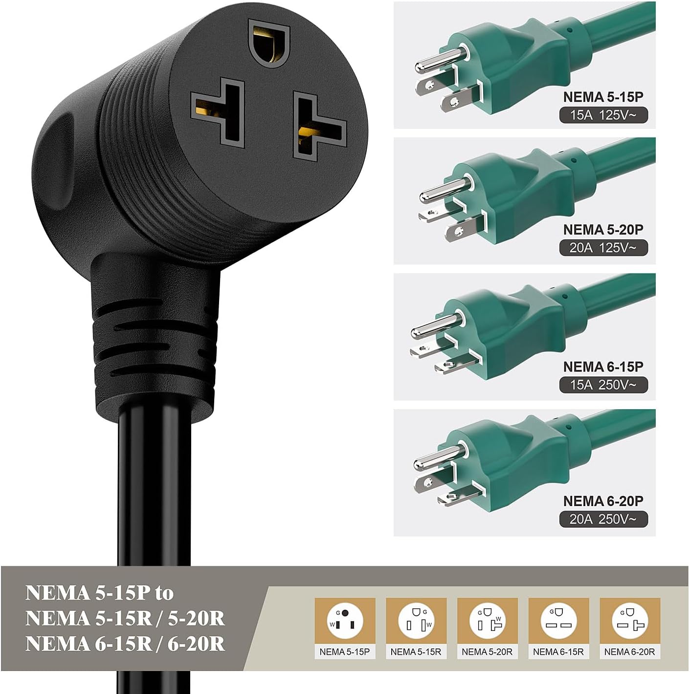 Angled Four-in-One Heavy Duty Inline On/Off Switch Extension Cord 12-AWG 15A Household Plug to 20A T Blade Adapter Cable with Heavy Duty 20A 125V Inline Switch, L=1FT