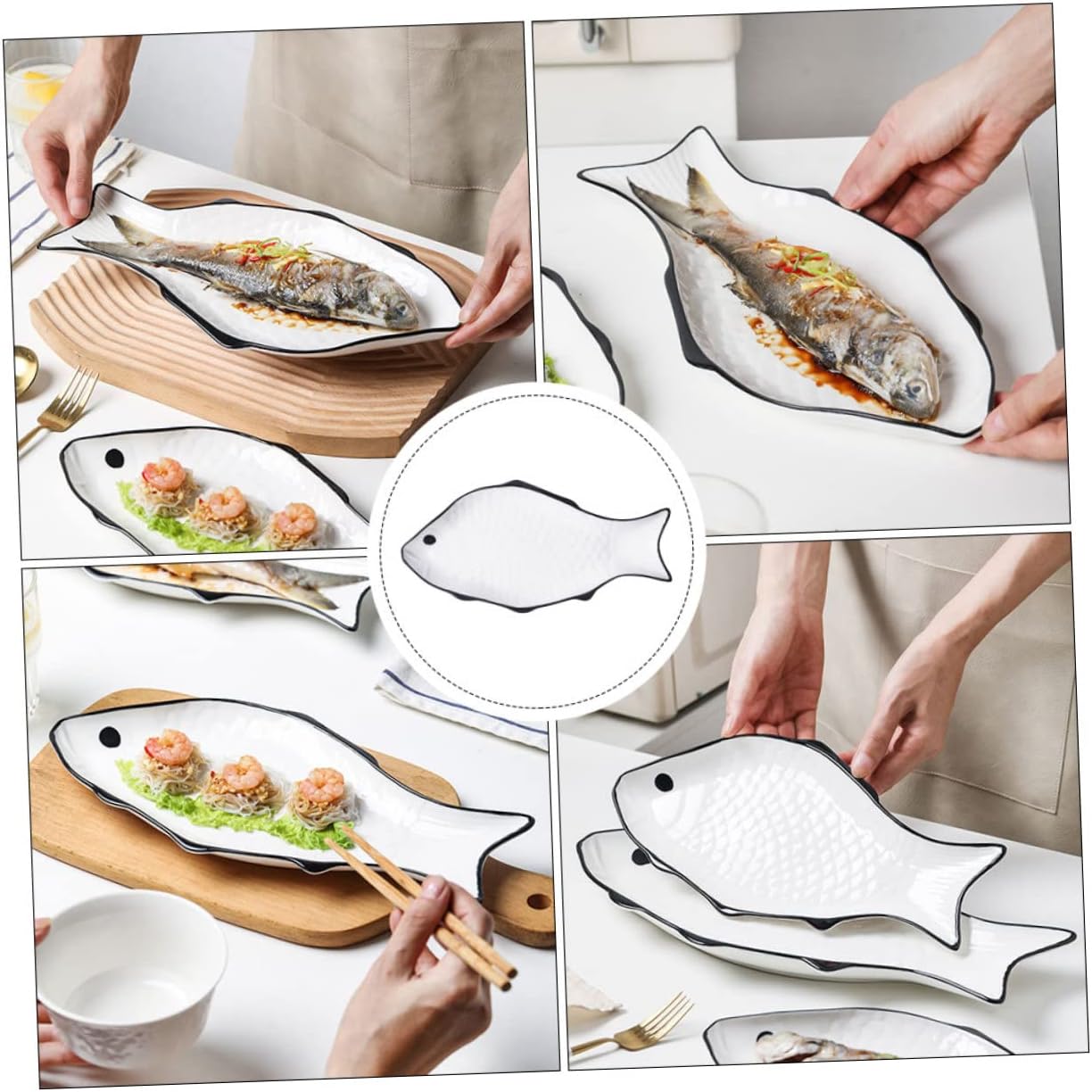 PRETYZOOM Ceramic Fish Steamed Serving Platter Microwave Safe White