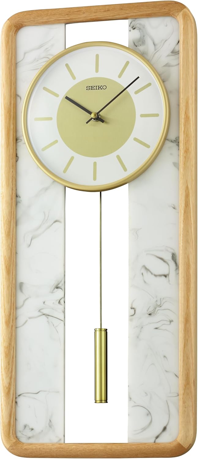 SEIKO QXC246BLH Wood and Faux Marble Non Ticking Pendulum Wall Clock, 24 x 11 Inches