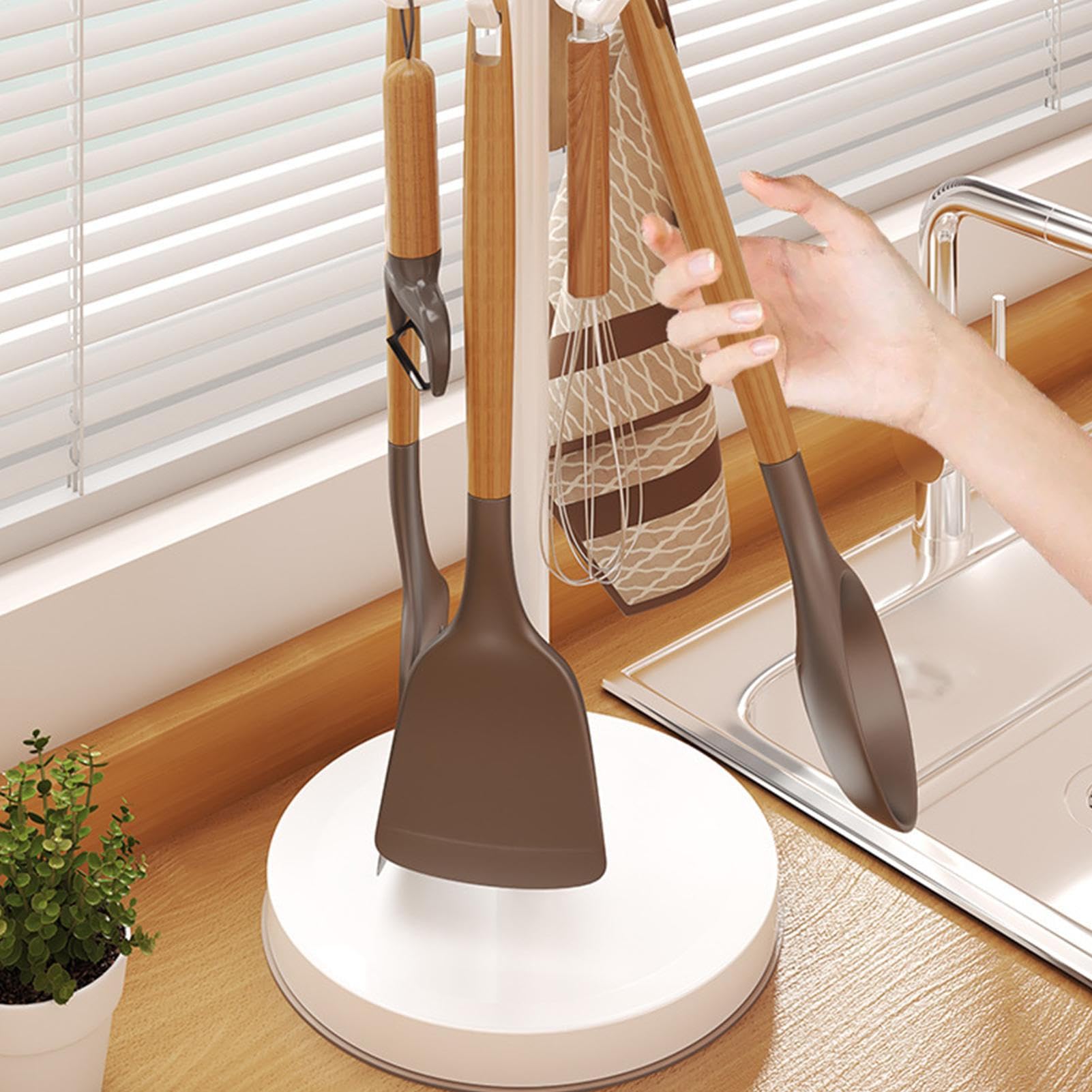 Organizer da cucina girevole a 360°, accessorio stabile per il piano di lavoro, per spatole, fruste e cucina, supporto compatto con 8 ganci per utensili da cucina