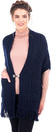 SAOL 100% Merino Wool Shawl/Poncho Sweater/Open Cardigan/Wool Cape with Pockets with Fringe Trim and Trinity Knot Button