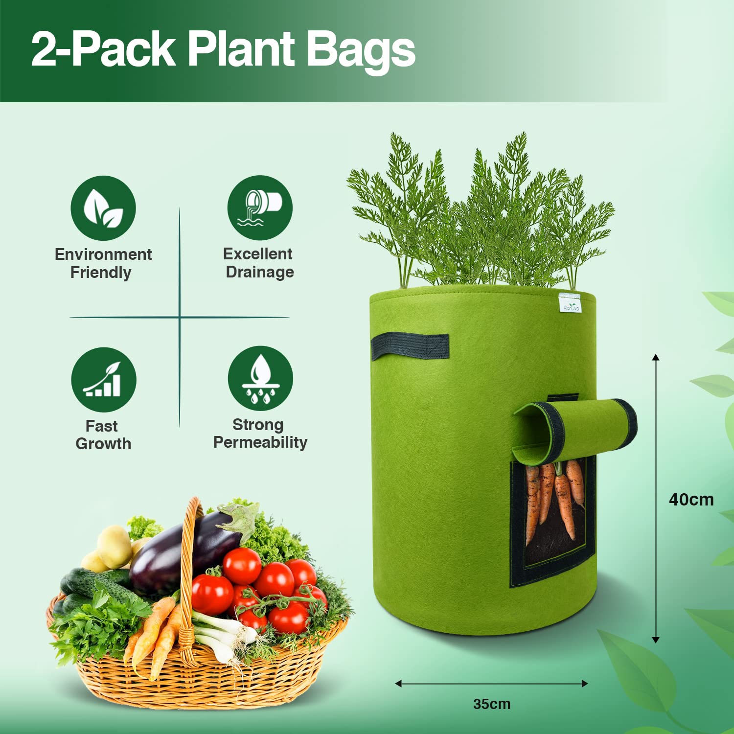 Bolsas de Cultivo de Patatas, Paquete de 2 Bolsas de Cultivo de Tomates de 10 galones, Bolsas de Plantas para Patatas, Tomates, Zanahorias, Flores, Verduras (Green Pack of 2)