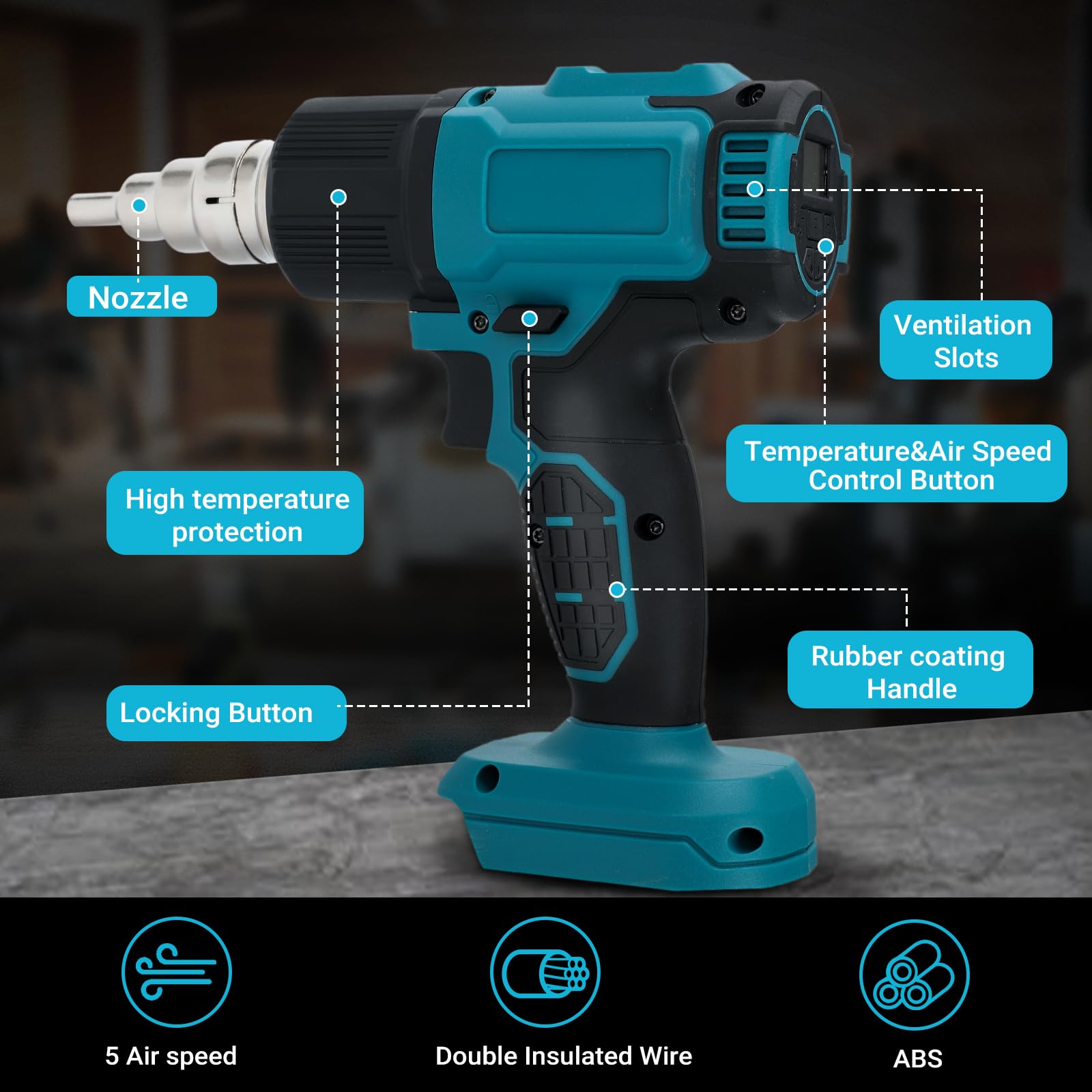 Pistola De Aire Caliente Compatible Con Baterías Makita 18V (No Incluidas), Temperatura Ajustable Velocidad Del Viento, Max 550°C, Pantalla LCD, Para Soldadura, Secado, Bricolaje, Pintura, Decapado.
