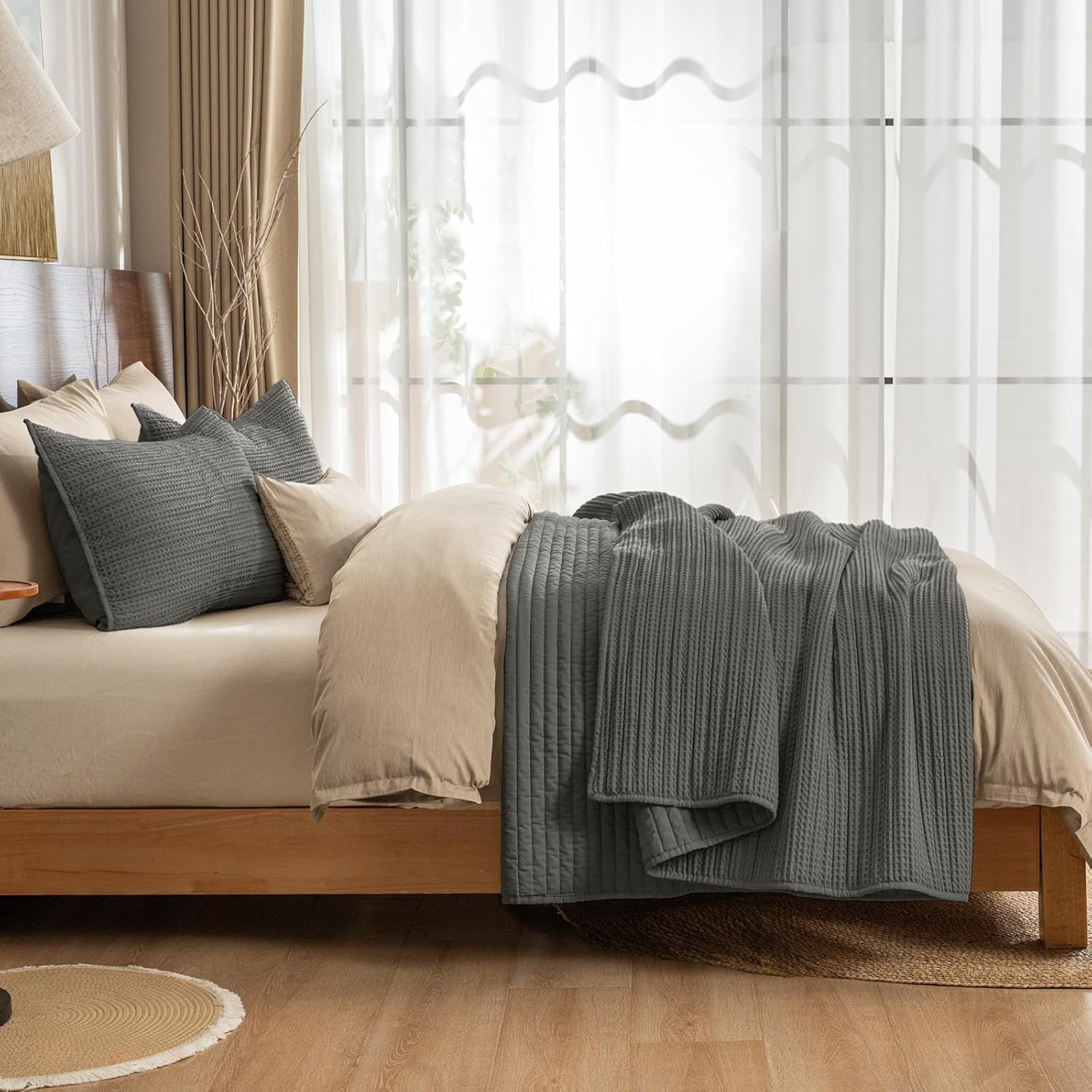 PHF 100% Washed Cotton Waffle Quilt Set Queen Size(90"x90")-Lightweight with Striped Channel, Cozy Quilted Bedspread Set, Home Decor, 1 Soft Coverlet with 2 Matching Shams, Charcoal Grey