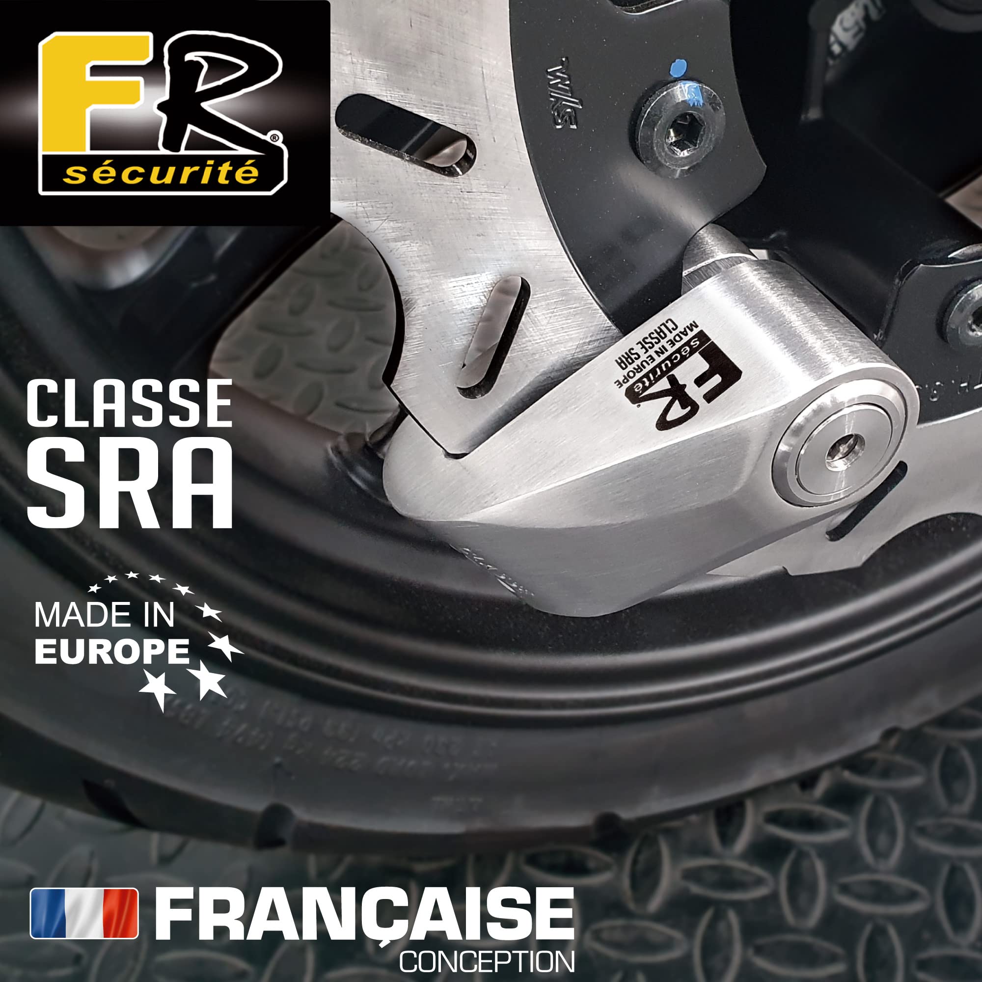 FR SECURITE FR110S Candado Moto Disco Homologado SRA, Doble Bloqueo ø10mm Cerradura Acero Inoxidable Alta Seguridad, Cable Recordatorio, Antirrobo Motocicleta Pinza Scooter, Bicicleta Eléctrica