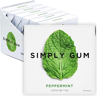 SIMPLY Gum Peppermint, Plastic-Free Natural Chewing Gum, 6 Pack (90 Pieces) | Vegan, Kosher, Non GMO, Aspartame Free and Sorbitol Free