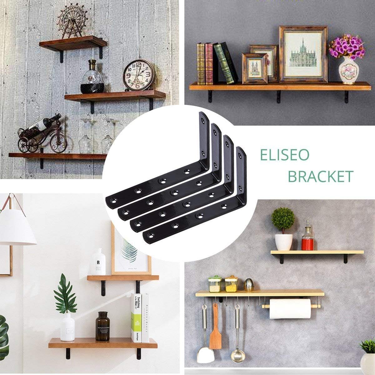 6 PCS 90 Degree Angle L Shaped Shelf Bracket with 36 Pcs Screws and 12 Pcs Anchors,Corner Brace Joint Bracket Fastener, 5 x 3Inch Floating Shelves Bracket Support Wall Hanging, Black, Metal
