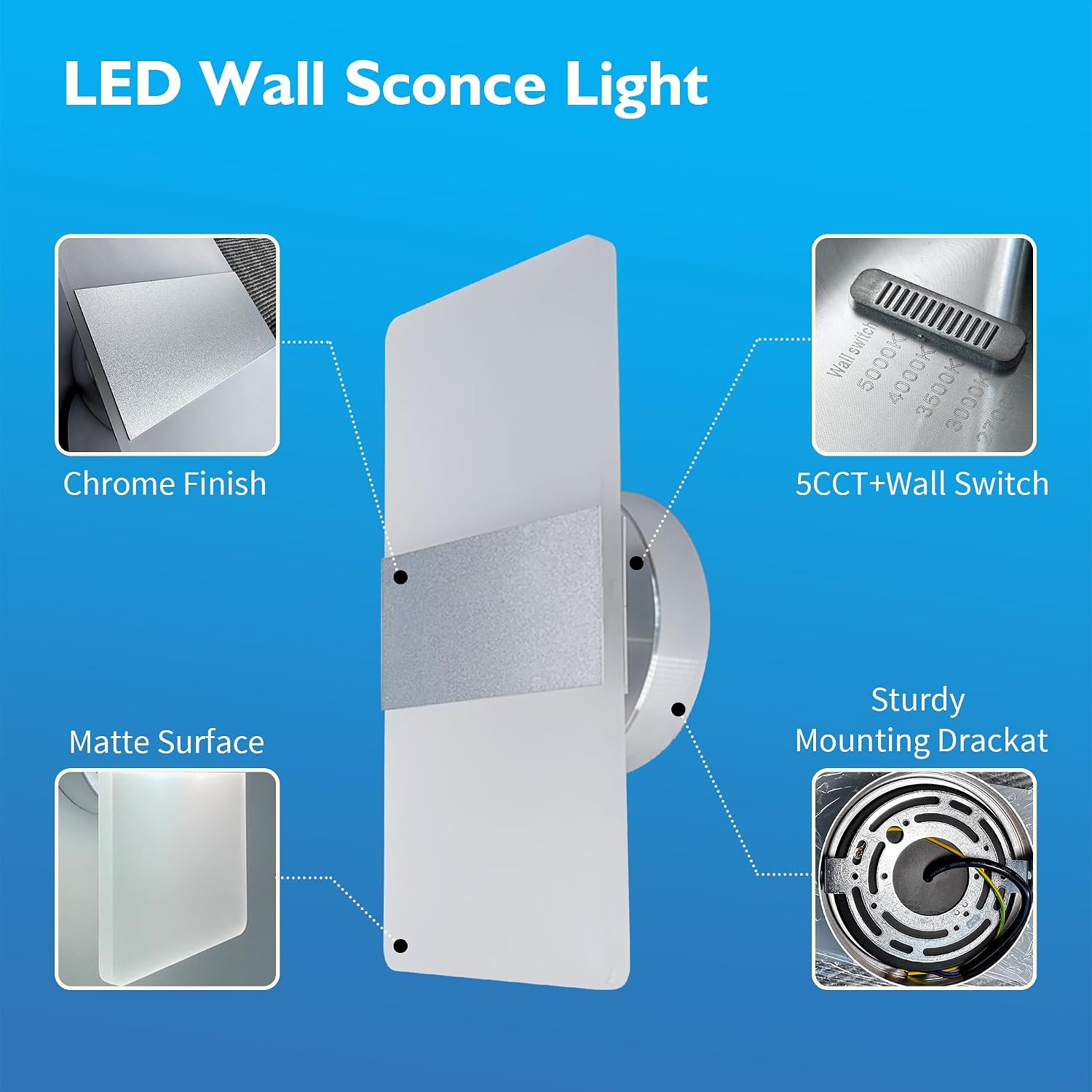 Jolux 12 Inch LED Wall Sconce Light,Modern Wall Lamps for Bathroom& Living Room&Bedroom,1000LM 5CCT Adjustable (2700K-5000K), Dimmable Light Fixture with Wall Switch, Chrome Finish.