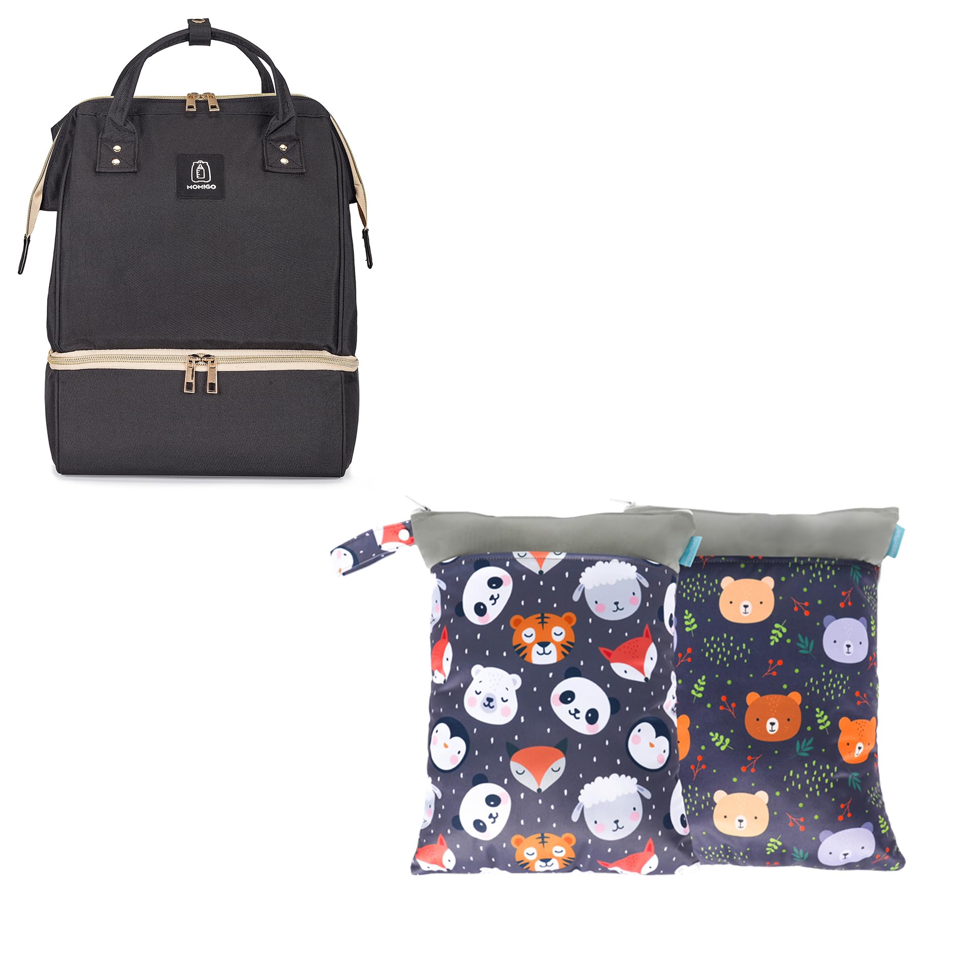 MOMIGO Diaper Breast Pump Backpack - Cooler and Moistureproof Bag （Black & 2 pcs/set Wet Dry Bags for Baby Cloth Diapers (Animal)