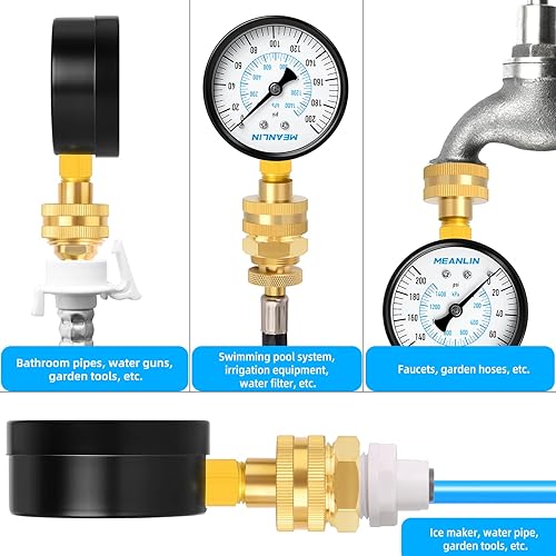 Miniatura 6 de MEANLIN MEASURE Kit de presión de agua hembra de 0  200 psi de 34 pulgadas más 5 adaptadores, dial de cara de 2.5 pulgadas, kit de manómetro