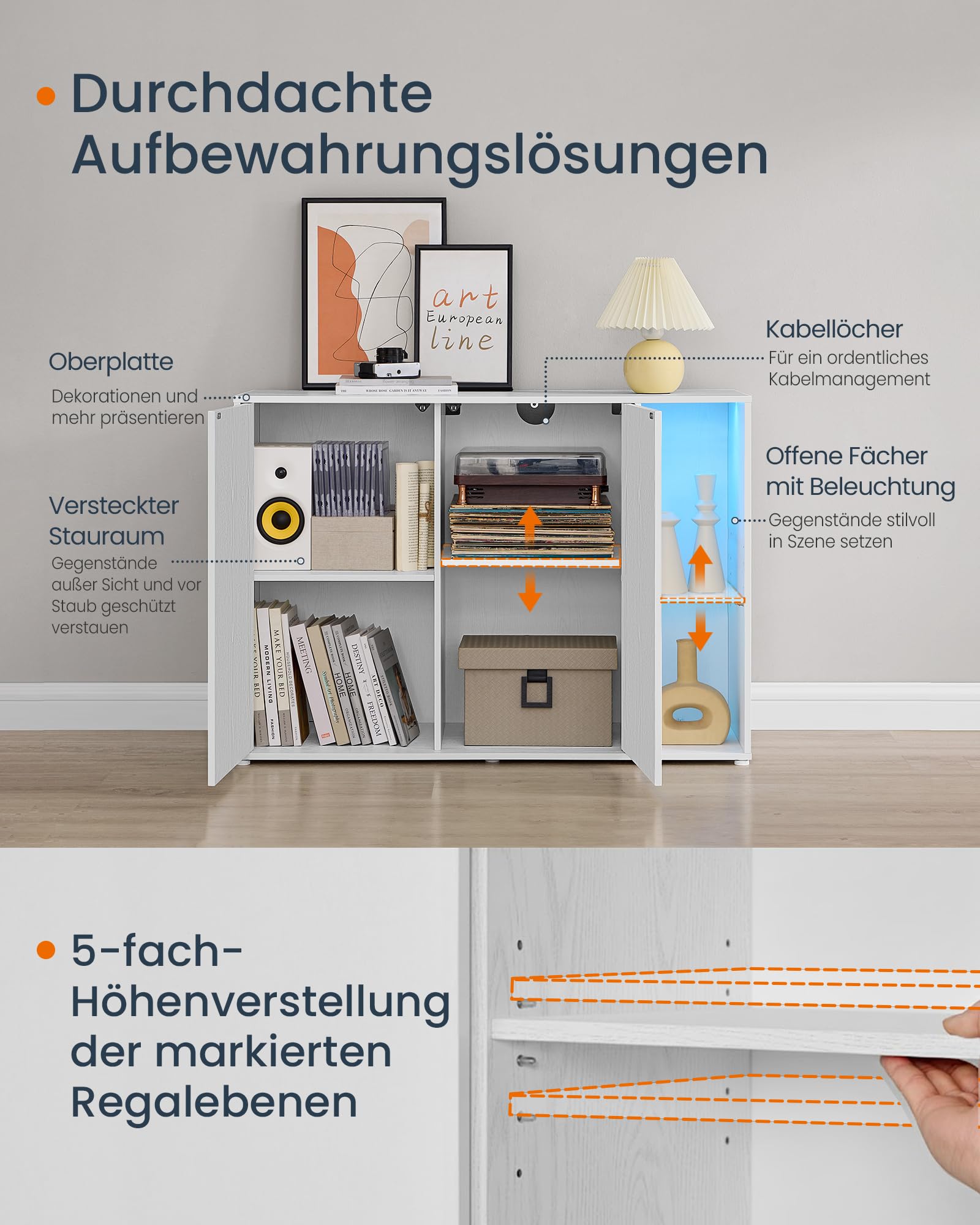 SONGMICS HOME Sideboard, superschnelle werkzeuglose Montage, Toolless-Technologie, Aufbewahrungsschrank Wohnzimmer, TV-Schrank mit LED-Beleuchtung, verstellbare Ablagen, Modern, schneeweiß BBK372W01