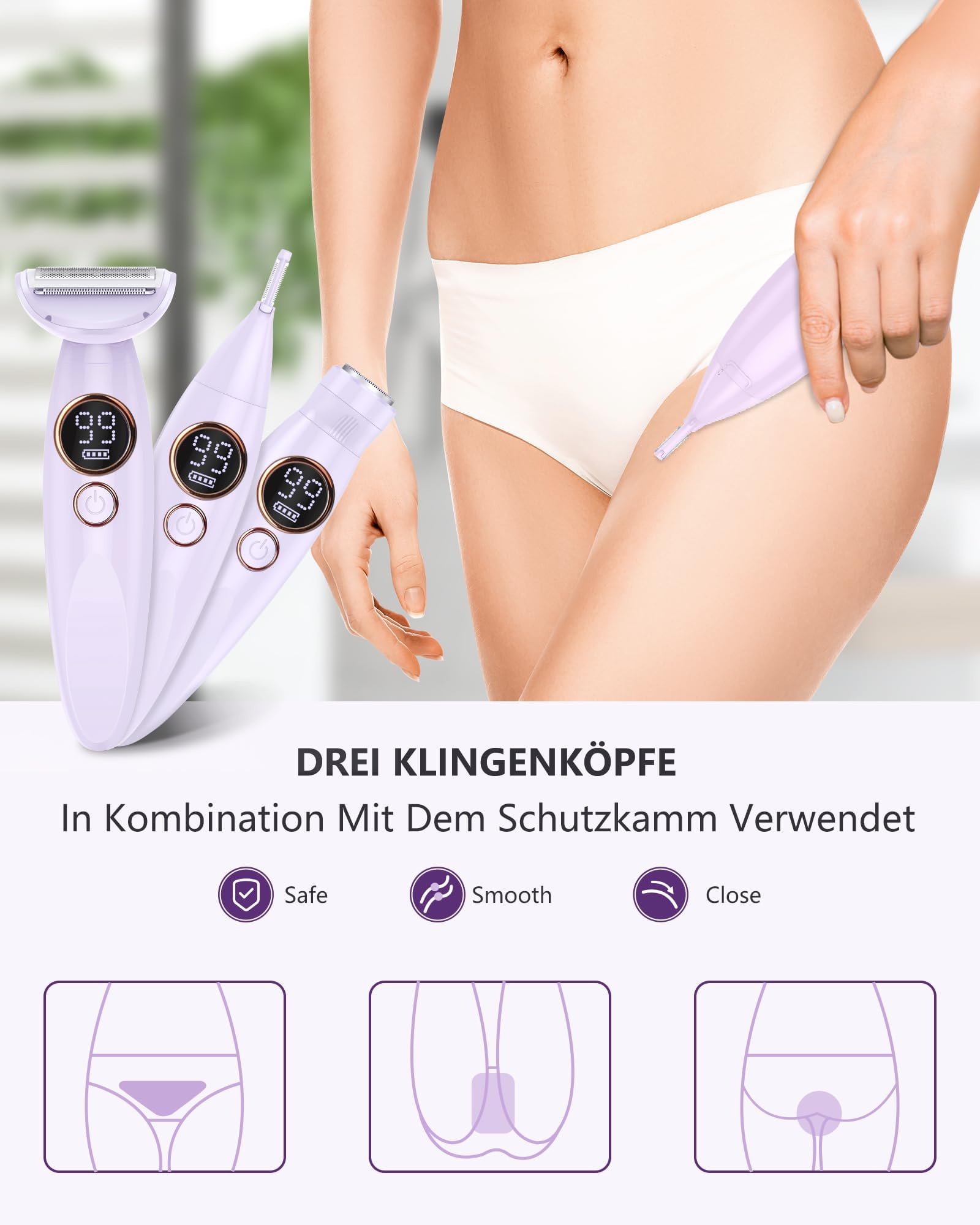 Afeitadoras para mujer, depiladora facial 3 en 1, recortadora de bikini para mujer con pantalla LED de batería, maquinilla de afeitar eléctrica húmeda y seca, 120 minutos de uso, para piernas en las