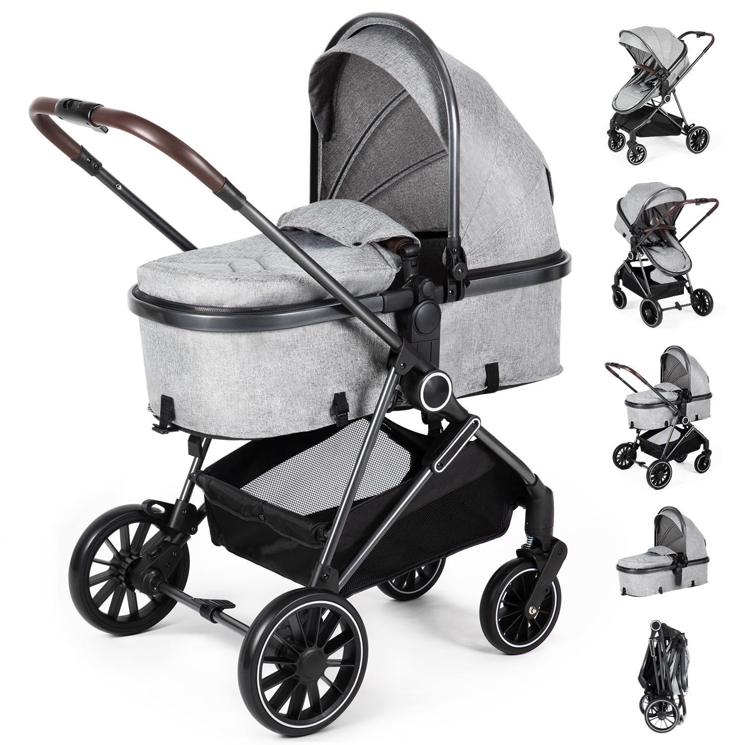 2-in-1 Baby Stroller with Bassinet Mode - Folding Infant Newborn Pram with Reversible Seat - for 0-36 Months Toddler Grey