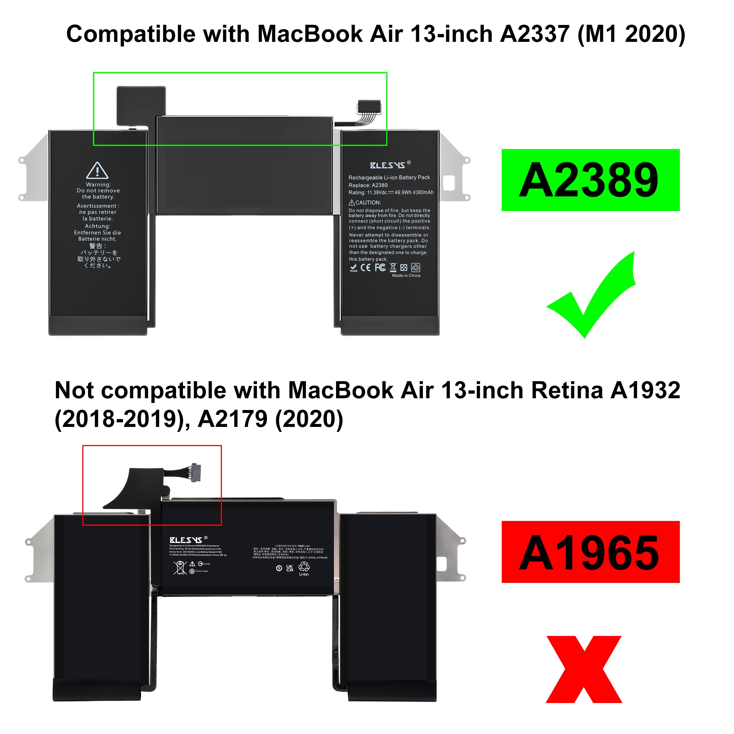 BLESYS A2389 Batteria per MacBook Air 13 pollici A2337 M1 2020 EMC 3598 [Li-Polimero 11.39V 49.9Wh]