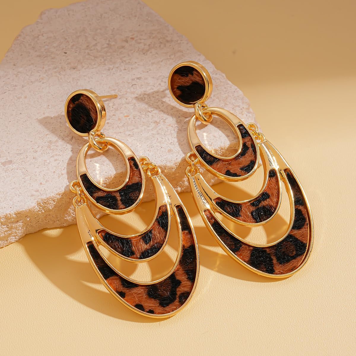 Leopard Earrings Cheetah Accessories for Women Brown Drop Dangle Earring Unique Geometric Rhombus Heart Circle Oval Fan-Shaped Earrings Statement Animal Print Stud Earring Vintage Christmas Holiday Leopard Lewelry - Image 3