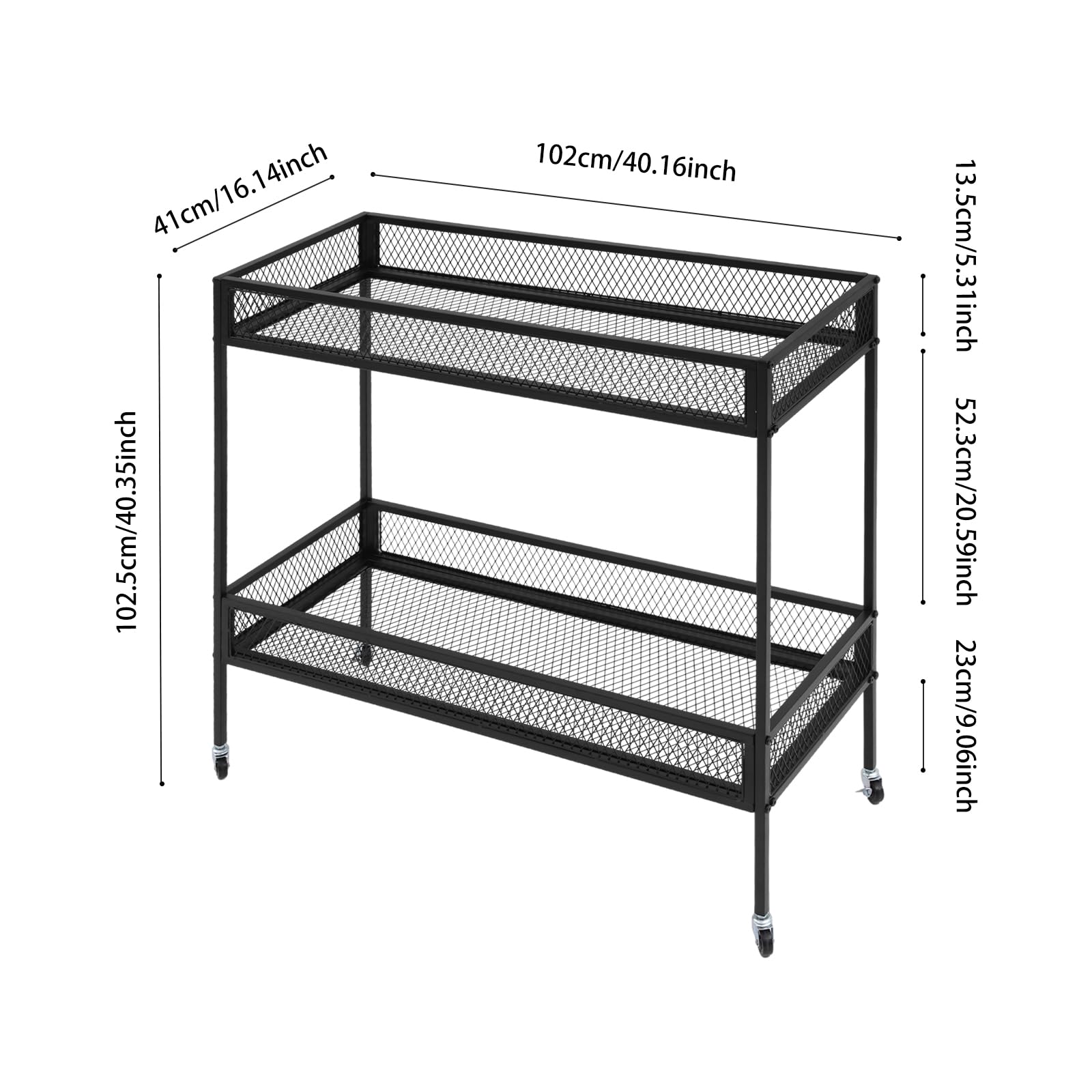 Genérico Carro utilitario de Hierro de 2 Niveles con Ruedas, Negro, 102 x 41 x 102,5 cm