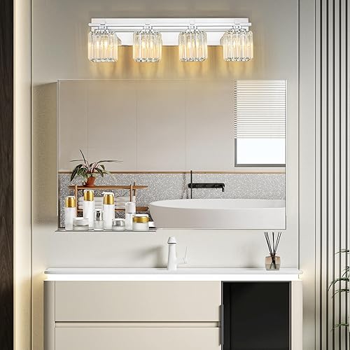 Miniatura 2 de Lámparas de baño de cristal, 4 luces cromadas para tocador sobre espejo con pantallas de cristal, moderna lámpara de tocador de baño para baño,