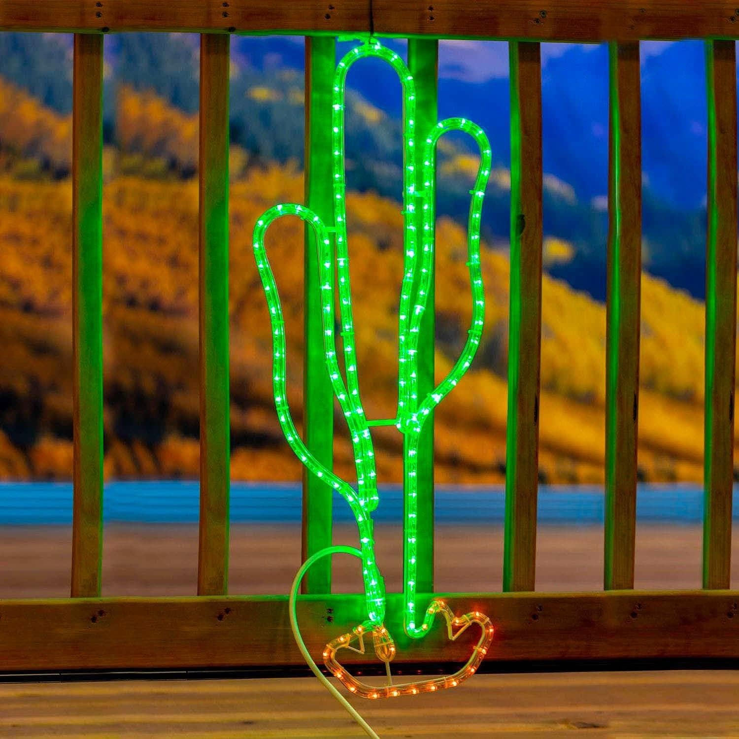 Novelty Lights LED Green and Yellow Cactus Rope Light Motif Sculpture, Southwestern Desert Decorations
