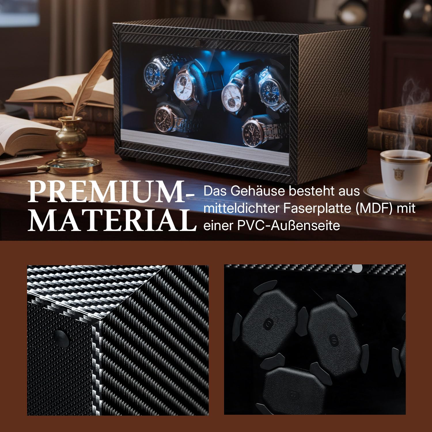 Mcbazel Automatischer Uhrenbeweger für 6 Uhren mit LED-Licht, Ultra-Leiser Motor 4 Rotationsmodi Watch Winder USB DC Betrieben, Geeignet für Uhren bis 45 mm - Carbonfaser-Muster