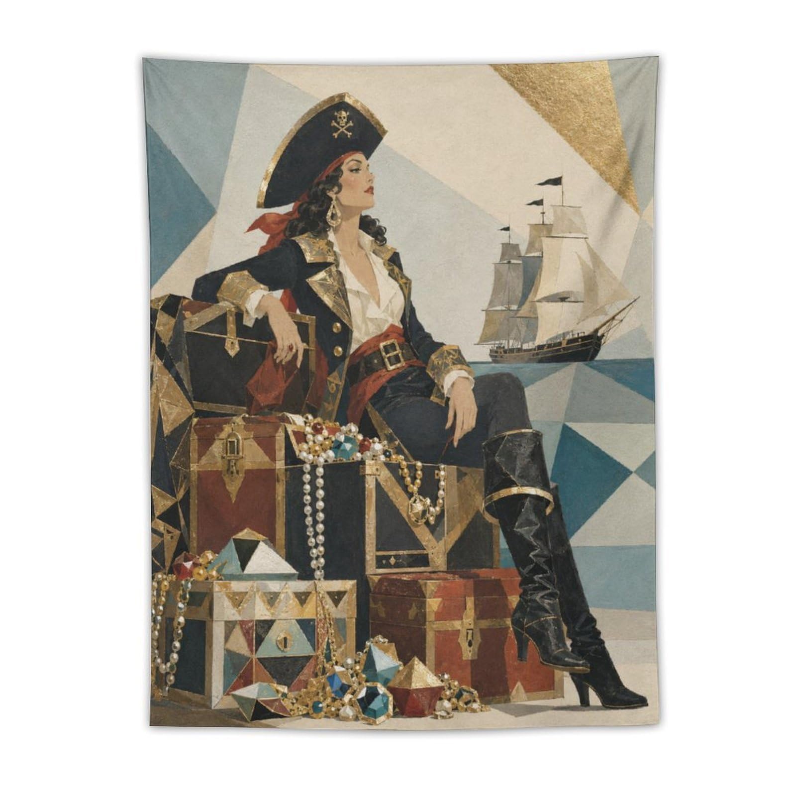 W7C8U2X3 Pirate Queen on Treasure Chest Wall Tapestry, College Dorm