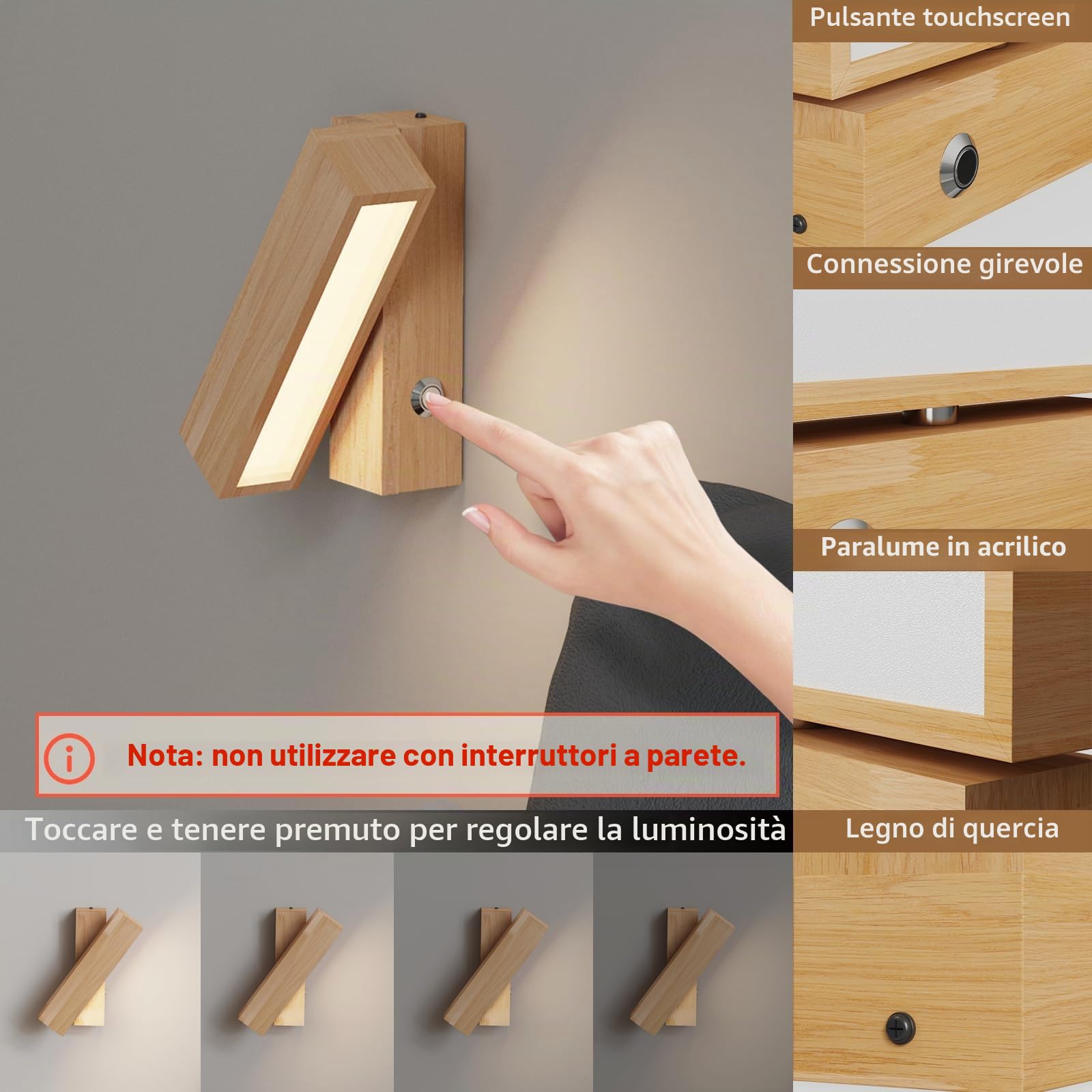 Applique da Parete Interno in Legno 8W, Touch Dimmerabile, Luce Calda 3000K | Lampada da Comodino a Muro, Ruotabile 270°, Paralume in Acrilico per Camera da Letto, Soggiorno, Angolo Lettura, 21.5 * 4.5cm