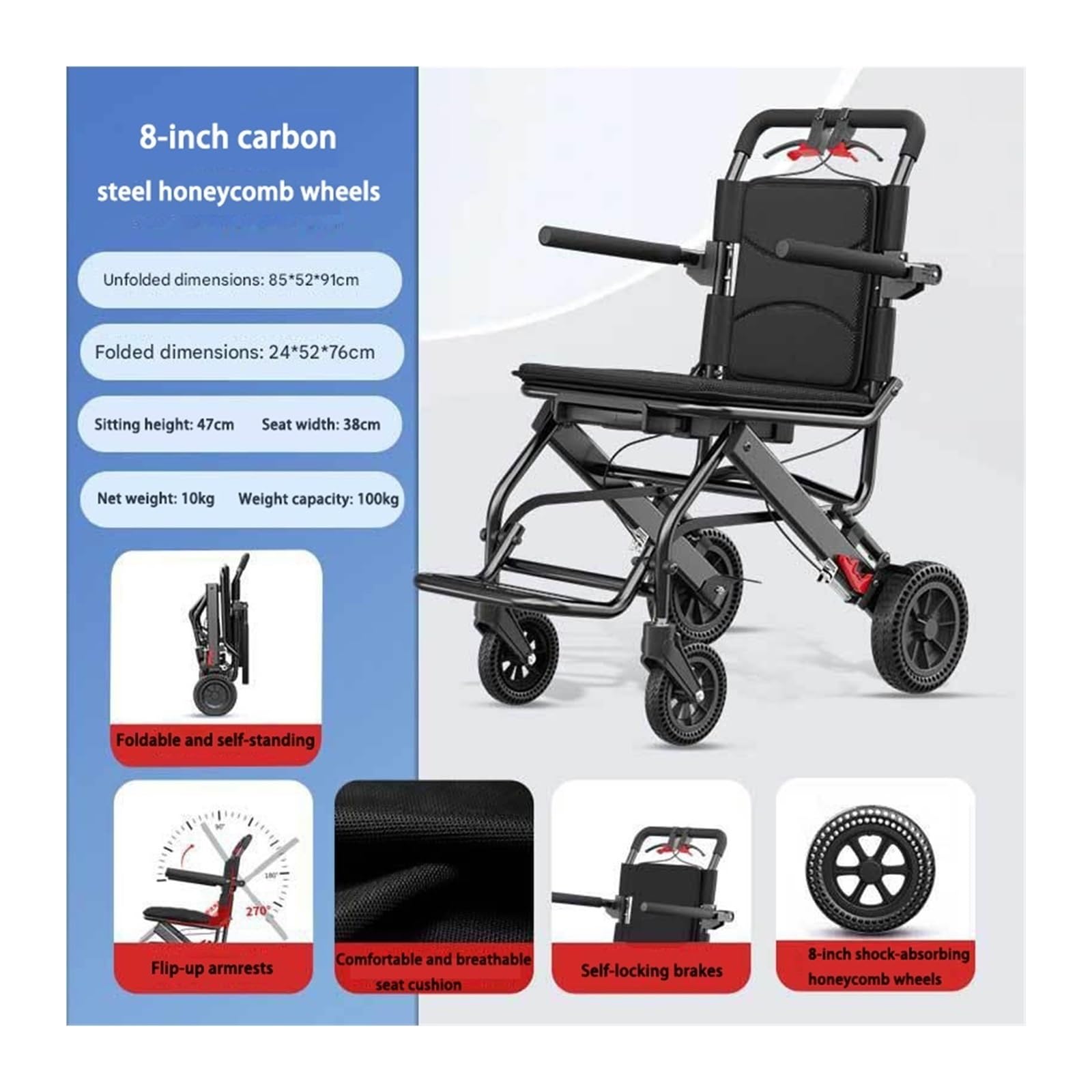 Leichter faltbarer Reise-Rollstuhl für Senioren & Flugreisen - Nur 10kg, 270° drehbare Armlehnen, ergonomischer Sitz & Gefälle-Bremse